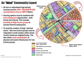 An “Ideal” Community Layout
                                                  1500 M walking
    All new or redeveloped high-density               radius
    housing must be within 1500-2000 M walk/
    cycling distance from an MRTS Station.
    Housing options must be clustered with
    local employment opportunities – both
    formal and informal. This includes
    proximity to High-income groups to
    provide informal employment.
    To avoid the creation of large “planned
    slums”, New low-income groups must be
    integrated in small clusters within mixed-
    income mixed-use neighborhoods. This
    also allows cross-subsidization of
    physical and social infrastructure for low-
    income groups.                                Low income housing
                                                  (Size < 250 families)                   Rapid Transit Station
                                                  High/ Middle income housing             (Metro/ BRT)
                                                  Commercial
                                                  Offices/ Light Industrial
                                                  Schools/ Libraries/ Civic uses

Source:                                           Public Parks                     Image Source: Paromita (Romi) Roy
Consultant, MCD Slum & JJ Dept. 2010
 
