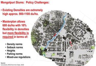 Mongolpuri Slums: Policy Challenges
                         Challenges:

• Existing Densities are extremely
  high approx. 900-1100 du/ha.

• Masterplan allows
  600 du/ha with 10%
  flexibility in densities
  but more flexibility is
  required in terms of:

      • Density norms
      • Setback norms
      • Heights
      • Parking norms
      • Mixed-use regulations

Source:
Consultant, MCD Slum & JJ Dept. 2010
 