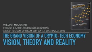 THE GRAND VISION OF A CRYPTO-TECH ECONOMY
VISION, THEORY AND REALITY
WILLIAM MOUGAYAR
INVESTOR & AUTHOR, THE BUSINESS BLOCKCHAIN
ADVISOR TO STEEM, ETHEREUM, COIN CENTER, OPEN BAZAAR, BLOQ
 