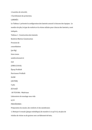 • Lunettes de sécurité;

• Survêtement de protection.

LAMINÉS :

Le Tableau 1 présente la configuration des laminés associé à chacune des équipes. Le

nombre de plis, le type de renforts et la résine utilisée pour chacun des laminés y sont

indiqués.

Tableau 1 : Construction des laminés

Renforts Matrice Construction

Pression de

consolidation

(po Hg)

tissu cousu

unidirectionnel et

mat

(UMA121010)

Époxy ProBuilt

Durcisseur ProBuilt

SLOW

(28 PHR)

5 plis

[0/mat]5

-30 TCH 006 - Matériaux

Laboratoire de moulage sous vide

6/15

PROCÉDURES :

Préparation du moule, des renforts et des membranes

1. Nettoyer le moule (plaque métallique) de manière { ce qu’il n’y ait plus de

résidus de résine ou de graisse avec un bâtonnet de bois;
 