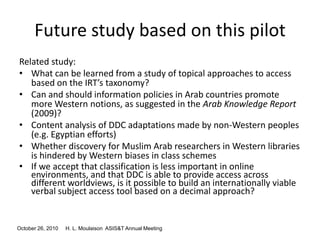 October 26, 2010 H. L. Moulaison ASIS&T Annual Meeting
Future study based on this pilot
Related study:
• What can be learned from a study of topical approaches to access
based on the IRT’s taxonomy?
• Can and should information policies in Arab countries promote
more Western notions, as suggested in the Arab Knowledge Report
(2009)?
• Content analysis of DDC adaptations made by non-Western peoples
(e.g. Egyptian efforts)
• Whether discovery for Muslim Arab researchers in Western libraries
is hindered by Western biases in class schemes
• If we accept that classification is less important in online
environments, and that DDC is able to provide access across
different worldviews, is it possible to build an internationally viable
verbal subject access tool based on a decimal approach?
 
