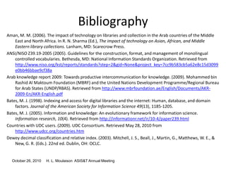 October 26, 2010 H. L. Moulaison ASIS&T Annual Meeting
Bibliography
Aman, M. M. (2006). The impact of technology on libraries and collection in the Arab countries of the Middle
East and North Africa. In R. N. Sharma (Ed.), The impact of technology on Asian, African, and Middle
Eastern library collections. Lanham, MD: Scarecrow Press.
ANSI/NISO Z39.19-2005 (2005). Guidelines for the construction, format, and management of monolingual
controlled vocabularies. Bethesda, MD: National Information Standards Organization. Retrieved from
http://www.niso.org/kst/reports/standards?step=2&gid=None&project_key=7cc9b583cb5a62e8c15d3099
e0bb46bbae9cf38a
Arab knowledge report 2009: Towards productive intercommunication for knowledge. (2009). Mohammed bin
Rashid Al Maktoum Foundation (MBRF) and the United Nations Development Programme/Regional Bureau
for Arab States (UNDP/RBAS). Retrieved from http://www.mbrfoundation.ae/English/Documents/AKR-
2009-En/AKR-English.pdf
Bates, M. J. (1998). Indexing and access for digital libraries and the internet: Human, database, and domain
factors. Journal of the American Society for Information Science 49(13), 1185-1205.
Bates, M. J. (2005). Information and knowledge: An evolutionary framework for information science.
Information research, 10(4). Retrieved from http://informationr.net/ir/10-4/paper239.html
Countries with UDC users. (2009). UDC Consortium. Retrieved May 28, 2010 from
http://www.udcc.org/countries.htm
Dewey decimal classification and relative index. (2003). Mitchell, J. S., Beall, J., Martin, G., Matthews, W. E., &
New, G. R. (Eds.). 22nd ed. Dublin, OH: OCLC.
 