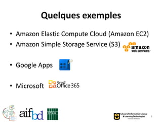 Quelques exemples
• Amazon Elastic Compute Cloud (Amazon EC2)
• Amazon Simple Storage Service (S3)

• Google Apps

• Microsoft



                                              8
 