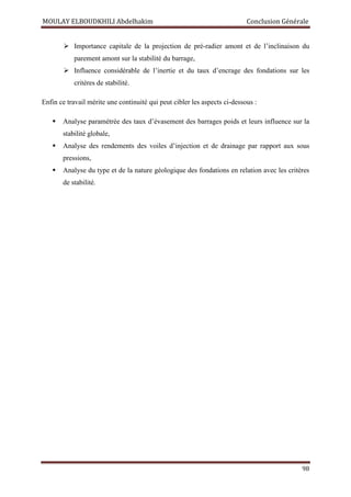 MOULAY ELBOUDKHILI Abdelhakim Conclusion Générale
98
 Importance capitale de la projection de pré-radier amont et de l’inclinaison du
parement amont sur la stabilité du barrage,
 Influence considérable de l’inertie et du taux d’encrage des fondations sur les
critères de stabilité.
Enfin ce travail mérite une continuité qui peut cibler les aspects ci-dessous :
 Analyse paramétrée des taux d’évasement des barrages poids et leurs influence sur la
stabilité globale,
 Analyse des rendements des voiles d’injection et de drainage par rapport aux sous
pressions,
 Analyse du type et de la nature géologique des fondations en relation avec les critères
de stabilité.
 