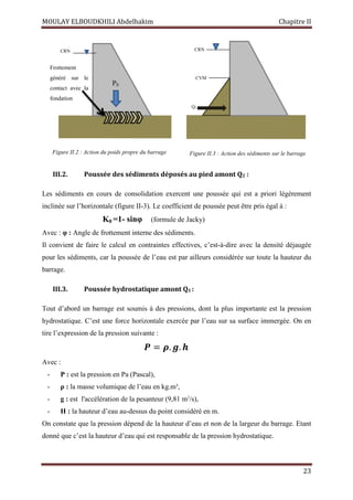 MOULAY ELBOUDKHILI Abdelhakim Chapitre II
23
III.2. Poussée des sédiments déposés au pied amont Q2 :
Les sédiments en cours de consolidation exercent une poussée qui est a priori légèrement
inclinée sur l’horizontale (figure II-3). Le coefficient de poussée peut être pris égal à :
K0 =1- sinφ (formule de Jacky)
Avec : φ : Angle de frottement interne des sédiments.
Il convient de faire le calcul en contraintes effectives, c’est-à-dire avec la densité déjaugée
pour les sédiments, car la poussée de l’eau est par ailleurs considérée sur toute la hauteur du
barrage.
III.3. Poussée hydrostatique amont Q1 :
Tout d’abord un barrage est soumis à des pressions, dont la plus importante est la pression
hydrostatique. C’est une force horizontale exercée par l’eau sur sa surface immergée. On en
tire l’expression de la pression suivante :
ࡼ ൌ ࣋ǤࢍǤࢎ
Avec :
- P : est la pression en Pa (Pascal),
- ρ : la masse volumique de l’eau en kg.m³,
- g : est l'accélération de la pesanteur (9,81 m2
/s),
- H : la hauteur d’eau au-dessus du point considéré en m.
On constate que la pression dépend de la hauteur d’eau et non de la largeur du barrage. Etant
donné que c’est la hauteur d’eau qui est responsable de la pression hydrostatique.
CRN
Frottement
généré sur le
contact avec la
fondation
P0
Figure II.2 : Action du poids propre du barrage
Q2
CRN
CVM
Figure II.3 : Action des sédiments sur le barrage
 