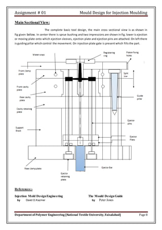 Assignment # 01 Mould Design for Injection Moulding
Department of Polymer Engineering [National Textile University, Faisalabad] Page 8
Main SectionalView:
The complete basic tool design, the main cross sectional view is as shown in
fig given below. In center there is sprue bushing and two impressions are shown in fig. lower is ejection
or moving plate onto which ejection sleeves, ejection plate and ejection pins are attached. On left there
is guiding pillar which control the movement. On injection plate gate is present which fills the part.
References:-
Injection Mold DesignEngineering The Mould DesignGuide
by David O.Kazmer by Peter Jones
 