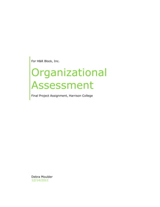 For H&R Block, Inc.



Organizational
Assessment
Final Project Assignment, Harrison College




Debra Moulder
12/14/2011
 