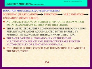 PRIYABRATA GHOSH, IRI, KOLKATA
INJECTION MOULDING…………….
INJECTION MOULDING IS A CYCLE OF 4 STEPS :-
SOFTENING (PLASTICATION) INJECTION VULCANISATION
UNLOADING (DEMOULDING).
AUTOMATIC FEEDING OF RUBBER STRIP TO THE SCREW WHICH
ROTATES AND DRAWS RUBBER INTO THE FLIGHTS.
THE PLASTICIZED RUBBER COMPOUND PASSES THROUGH A NON-
RETURN VALVE AND IS ACCUMULATED IN THE BARREL BY
PUSHING THE PLUNGER IN THE BACKWARD DIRECTION.
THE MOULD OPENS AUTOMATICALLY AT THE END OF
VULCANISATION PERIOD AND THE PRODUCTS ARE EJECTED
AUTOMATICALLY OR REMOVED MANNUALLY.
THE MOULD IS THEN CLOSED AND THE MACHINE IS READY FOR
THE NEXT CYCLE.
P-8
 