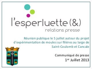 Réunion	
  publique	
  le	
  5	
  juillet	
  autour	
  du	
  projet	
  
d’expérimenta6on	
  de	
  moules	
  sur	
  ﬁlières	
  au	
  large	
  de	
  
Saint-­‐Coulomb	
  et	
  Cancale	
  	
  
	
  
Communiqué	
  de	
  presse	
  
1er	
  Juillet	
  2013	
  
	
  
 