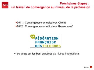 2011 : Convergence sur indicateur ‘Climat’  2012 : Convergence sur indicateur ‘Ressources’ Prochaines étapes :  un travail de convergence au niveau de la profession +  échange sur les best practices au niveau international 