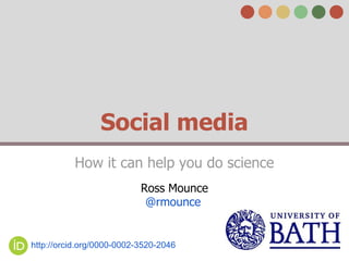 Social media
How it can help you do science
Ross Mounce
@rmounce

http://orcid.org/0000-0002-3520-2046

 