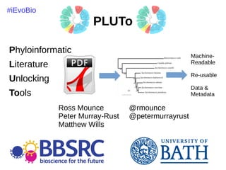 PLUTo
Phyloinformatic
Literature
Unlocking
Tools
Ross Mounce @rmounce
Peter Murray-Rust @petermurrayrust
Matthew Wills
Machine-
Readable
Re-usable
Data &
Metadata
#iEvoBio
 