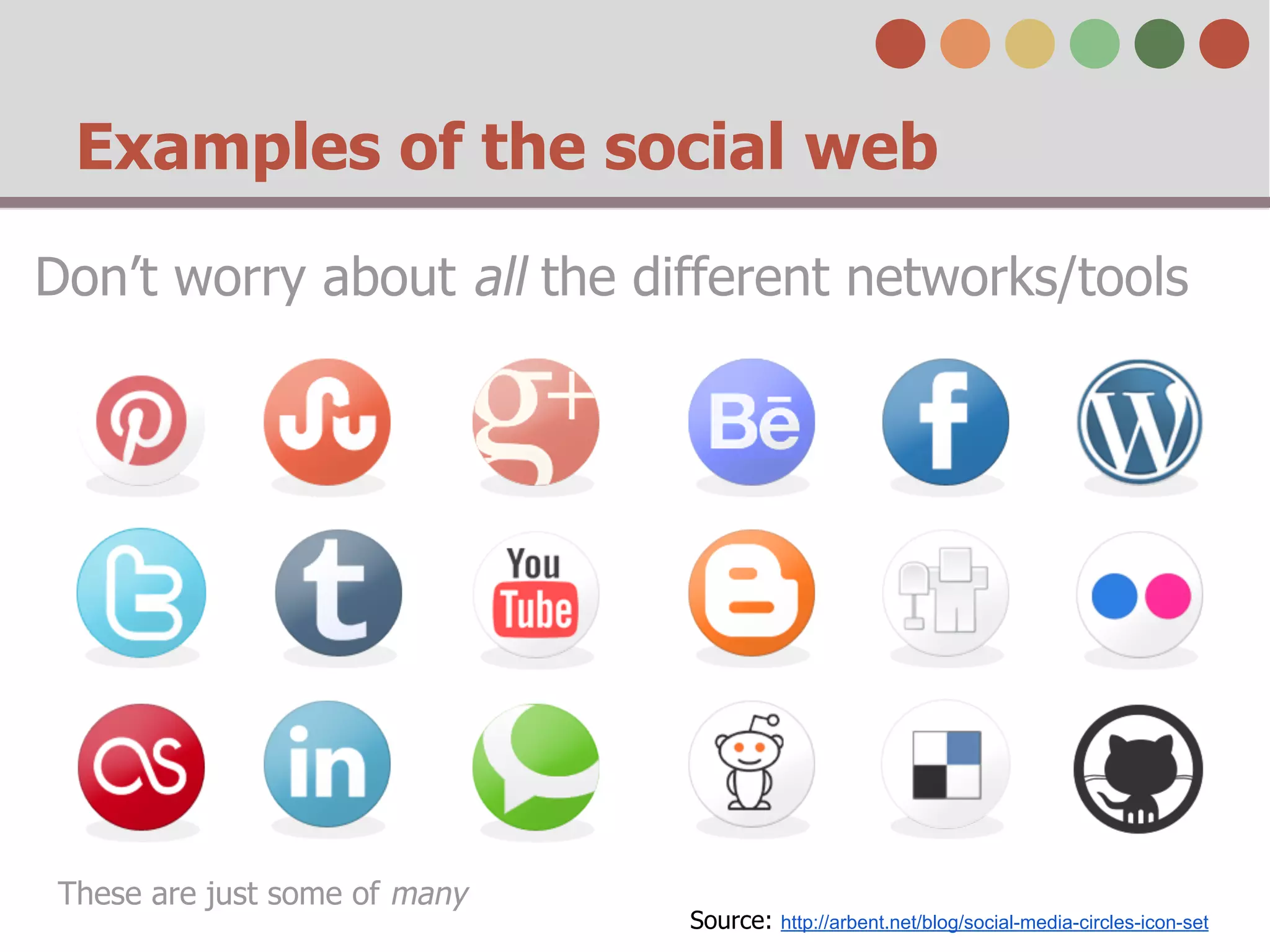 Examples of the social web
Don’t worry about all the different networks/tools
Source: http://arbent.net/blog/social-media-circles-icon-set
These are just some of many
 