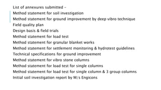 List of annexures submitted –
Method statement for soil investigation
Method statement for ground improvement by deep vibro technique
Field quality plan
Design basis & field trials
Method statement for load test
Method statement for granular blanket works
Method statement for settlement monitoring & hydrotest guidelines
Technical specifications for ground improvement
Method statement for vibro stone columns
Method statement for load test for single columns
Method statement for load test for single column & 3 group columns
Initial soil investigation report by M/s Engicons
 