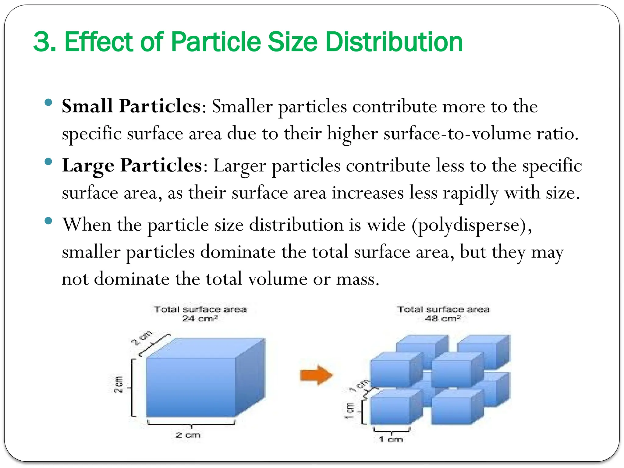 3. Effect of Particle Size Distribution
 Small Particles: Smaller particles contribute more to the
specific surface area due to their higher surface-to-volume ratio.
 Large Particles: Larger particles contribute less to the specific
surface area, as their surface area increases less rapidly with size.
 When the particle size distribution is wide (polydisperse),
smaller particles dominate the total surface area, but they may
not dominate the total volume or mass.
 