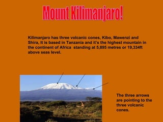 Mount Kilimanjaro! Kilimanjaro has three volcanic cones, Kibo, Mawenzi and Shira, It is based in Tanzania and it’s the highest mountain in the continent of Africa  standing at 5,895 metres or 19,334ft above seas level. The three arrows are pointing to the three volcanic cones. 