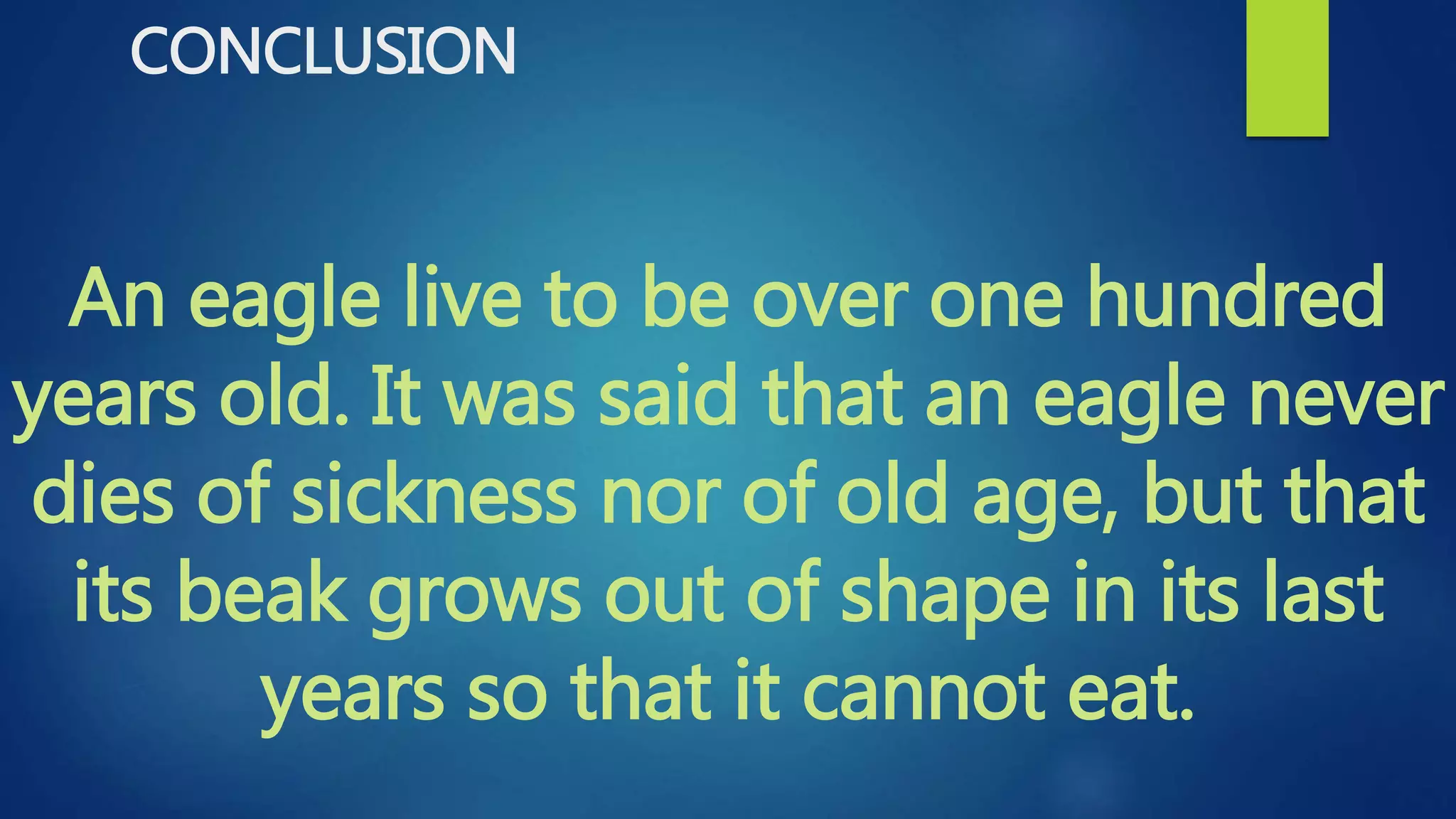 CONCLUSION
An eagle live to be over one hundred
years old. It was said that an eagle never
dies of sickness nor of old age, but that
its beak grows out of shape in its last
years so that it cannot eat.