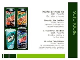 PRODUCTOSMountain Dew Code Red2001 – PresenteCon sabor a cereza.Mountain Dew LiveWire2003 – PresenteDe color naranja, con sabor a mandarina.Mountain Dew Baja Blast2004 – PresenteUn sabor tropical alimóny piña. Mountain Dew Voltage2008 – PresenteUn profundoazul-cítrico con sabor a frambuesay ginseng.