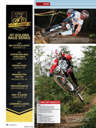 HARD TALES




                                                       Solo project: J.D. Swanguen put together his own race program
                                                       for 2009, with sponsors including Intense Cycles, ODI grips, Troy
                                                       Lee Designs and Spy Optics. J.D. put down a run good enough
                                                       for seventh place.




                                      PRO GRT RESULTS
                                  Men
                                  1. Curtis Keene (Team Keene)
                                  2. Luke Strobel (Team Maxxis)
                                  3. Ryan Condrashoff (X-Fusion-Intense)
                                  4. Andrew Mitchell (CAN)
                                  5. Joey Schusler (Yeti/Fox)

                                  Women
                                  1. Katie Holden (Specialized)
                                  2. Kathy Pruitt (Jamis)                       Fast times: Twenty-two-year-old
                                  3. Katrina Strand (Oakley)                    Northern Californian Ryan Condrashoff
                                  4. Abigail Hippely (Yeti)                     of the X-Fusion/Intense team put down
                                  5. Darian Harvey (Cannondale)                 a quick run for third place.

24   www.mbaction.com
                        www.storemags.com & www.fantamag.com
 