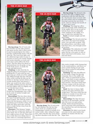 THE 27-INCH BAR


                                                                                        Moving along: The 26-inch-wide
                                                   THE 26-INCH BAR                   bar gives the rider a slightly better
                                                                                     connection with the trail than the
                                                                                     XL. You become more in touch with
                                                                                     the trail surface and its irregularities.
                                                                                     Steering is precise but not overly
                                                                                     quick, and you still get the benefit of
                                                                                     an open chest cavity.
                                                                                        Climbing: This large bar offers
                                                                                     powerful leverage while climbing out
                                                                                     of the saddle, but it is not as easy to
                                                                                     loft the front wheel accidentally
                                                                                     while climbing in the saddle. It is
                                                                                     easy to hold your intended line.
                                                                                        Sand: It tracked straight and felt
                                                                                     ultra stable.
                                                                                        Descending: The 26-inch-wide bar
                                                                                     slows down the input from hitting
                                                                                     rocks, ruts and roots at speed. This
                                                                                     bar softens blows, and riders could
                                                                                     hold their lines, even through techni-
   Moving along: The 27-inch-wide                                                    cal sections.
bar stretches out the rider position                                                    Clearance: The reduction of a half
and opens up the rider’s chest cavity.                                               inch on each side of the bar helps
It may be psychological, but riders                                                  make this bar a lot easier to ride on
felt they could breathe better with the                                              thick trails lined with bushes, trees
wide bar. The front feels light, and                                                 and rock faces.
the added leverage makes it easy to
oversteer if you’re not careful. Rough
trail seems smoother, as rocks and                 THE 25-INCH BAR
roots don’t easily deflect the front
wheel. This bar allows for plenty of
hand positions (on the grips, on top                                                 bike tracks straight while hammering
of the brake levers, or inside the                                                   in the seated position, and there is a
brake and shift levers).                                                             power stroke feeling you get with
   Climbing: A rider feels like he                                                   your elbows tucked in and pulling
magically gains two horsepower when                                                  back on the grips.
grabbing the 27-inch-wide bar and                                                       Climbing: The bike felt different
powering up a climb out of the saddle.                                               on the climbs. Forget the big ring
The added leverage that the wide bar                                                 torqueing. Stay in the saddle and
offers while rocking the bike up the                                                 spin. There is a good bend in your
climbs (or during a sprint) allows you                                               elbows, and there is more emphasis
to grab another gear and muscle it.                                                  on pedaling technique than upper
Some care needs to be taken with in-                                                 body muscles. The front wheel stays
the-saddle climbing, because the front                                               in better contact with the trail sur-
end feels lighter and it is slightly easi-                                           face, especially when the going gets
er to loft the front wheel.                                                          steep.
   Sand: The 27-inch-wide bar trans-                                                    Sand: You have to keep a light
formed the Stumpjumper into a 29er                                                   touch on the grips and keep your
in the sand. It tracked straight and                                                 weight back. The front wheel has the
felt ultra-stable.                                                                   tendency to wander if you don’t con-
   Descending: This bar slows down                                                   centrate on keeping it pointed
the input from hitting rocks, ruts and                                               straight.
roots at speed. The wide bar seems to                                                   Descending: The bike felt more
soften the hits because, while it is not                                             nervous on the downhills, and the
something you’d classify as flexy, the                                               rider felt every rut and surface
wider bar offers more give with the                                                  change. Riders found themselves
rider’s weight farther away from the           Moving along: The 25-inch-wide        more concerned with searching for
handlebar stem.                              bar felt familiar, like the bar that    the smoothest line and steering away
   Clearance: This big guys’ largest         comes stock on a medium-sized           from obstacles.
fault is that you scrape your hands on       Stumpjumper (which is actually 25.5-       Clearance: We didn’t even brush
every bush, tree or rock face that may       inches wide). After riding the larger   our arms on the same bushes that
line a tight section of trail. These bars    bars, riders felt like they were pinch- grabbed our hands with the two
are so wide that even riding close to        ing their shoulders with this bar. The larger bars.
other riders is a learning experience.

                                                                                                 August 2009 / MOUNTAIN BIKE ACTION   47
                           www.storemags.com & www.fantamag.com
 