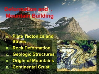 Deformation and .
Mountain Building
A. Plate Tectonics and
Stress
B. Rock Deformation
C. Geologic Structures
D. Origin of Mountains
E. Continental Crust
 