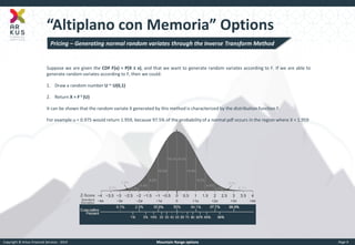 Copyright © Arkus Financial Services - 2014 
Mountain Range options 
Page 9 
“Altiplano con Memoria” Options 
Suppose we are given the CDF F(x) = P(X ≤ x), and that we want to generate random variates according to F. If we are able to generate random variates according to F, then we could: 
1.Draw a random number U ~ U(0,1) 
2.Return X = F-1 (U) 
It can be shown that the random variate X generated by this method is characterized by the distribution function F. 
For example u = 0.975 would return 1.959, because 97.5% of the probability of a normal pdf occurs in the region where X < 1.959 
Pricing – Generating normal random variates through the Inverse Transform Method  