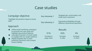 Case studies
Campaign objective
"Highlight the product impact to boost
sales"
Approach
● Utilize email marketing campaigns
to promote the case study and
highlight key product features
● Leverage the power of social media
to engage with our target audience
● Deploy targeted ads to reach
potential customers and increase
brand visibility
Results
Increase in
page views
Increase
in sales
Increase
in clicks
91% 83% 4%
Key takeaway 1
Key takeaway 2
Targeted ads, social media, and
email reach customers
Improved profitability through
different streamlined operations
 