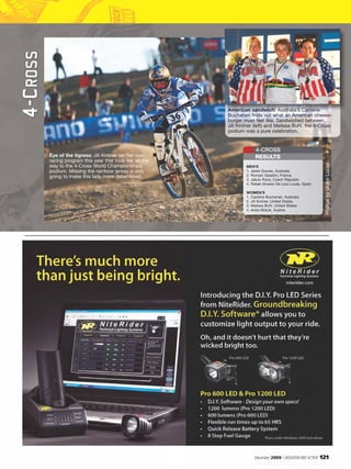 4 - C ro s s



                                                                American sandwich: Australia’s Caroline
                                                                Buchanan finds out what an American cheese-
                                                                burger must feel like. Sandwiched between
                                                                Jill Kintner (left) and Melissa Buhl, the 4-Cross
                                                                podium was a pure celebration.


                                                                             4-CROSS
               Eye of the tigress: Jill Kintner ran her own                  RESULTS
               racing program this year that took her all the




                                                                                                                    Photos by Victor Lucas
               way to the 4-Cross World Championships’                  MEN’S
               podium. Missing the rainbow jersey is only               1. Jared Graves, Australia
               going to make this lady more determined.                 2. Romain Saladini, France
                                                                        3. Jakub Ruha, Czech Republic
                                                                        4. Rafael Alvarez De Lara Lucas, Spain

                                                                        WOMEN’S
                                                                        1. Caroline Buchanan, Australia
                                                                        2. Jill Kintner, United States
                                                                        3. Melissa Buhl, United States
                                                                        4. Anita Molcik, Austria




                                                                            December 2009 / MOUNTAIN BIKE ACTION   121
 