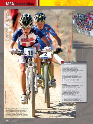 MBA Competition
C r o s s- C ou n tr y




                                                              CROSS-COUNTRY
                                                              RESULTS
                                                          MEN’S
                                                          1. Nino Schurter, Switzerland, 2:04.39
                                                          2. Julien Absalon, France, +00:03
                                                          3. Florian Vogel, Switzerland, +00:58
                                                          4. Jose Antonio Hermida Ramos, Spain, +00:58
                                                          5. Geoff Kabush, Canada, +02:04
                                                          6. Cedric Ravanel, France, +02:35
                                                          7. Jean-Christophe Peraud, France, +02:59
                                                          8. Todd Wells, United States, +03:06
                                                          9. Jaroslav Kulhavy, Czech Republic, +03:22
                                                          10. Christoph Sauser, Switzerland, +03:45
                                                          Others:
                                                          18. Adam Craig, United States, +05:03
                                                          29. Sam Schultz, United States, +07:31
                                                          34. Jeremy Horgan-Kobelski, United States, +09:01

                                                          WOMEN’S
                                                          1. Irina Kalentieva, Russian Federation, 1:43.20
                                                          2. Lene Byberg, Norway, +00:13
                                                          3. Willow Koerber, United States, +00:52
                                                          4. Sabine Spitz, Germany, +01:30
                                                          5. Anna Szaframiec, Poland, +01:37
  Photo by Robert Jones




                                                          6. Catharine Pendrel, Canada, +02:36
                                                          7. Cecile Rode Ravanel, France, +03:07
                                                          8. Esther Suss, Switzerland, +03:40
                                                          9. Eva Lechner, Italy, +03:58
                                                          10. Heather Irmiger, United States, +04:12
                                                          Others:
                                                          14. Katherine Compton, United States, +06:32
                                                          15. Georgia Gould, United States, +07:01
                                                          21. Mary McConneloug, United States, +08:31




              Weeping willow: There were tears of
              happiness after Willow Koerber (11)
              spun out the ride of her life to best
              rivals like Sabine Spitz, Catherine
              Pendrel and fellow American Heather
              Irmiger. Willow’s ride was inspirational.


                    122   www.mbaction.com
 