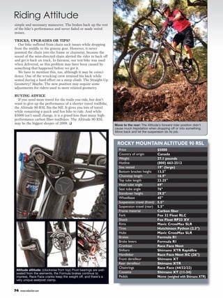 Riding Attitude
simple and necessary maneuver. The brakes back up the rest
of the bike’s performance and never faded or made weird
noises.

TRICKS, UPGRADES OR TIPS?
   Our bike suffered from chain suck issues while dropping
from the middle to the granny gear. However, it never
jammed the chain into the frame or chainstay, because the
sound of the miss-directed chain alerted the rider to back off
and get it back on track. In fairness, our test bike was used
when delivered, so this problem may have been caused by
something that happened before we got it.
   We have to mention this, too, although it may be coinci-
dence. One of the wrecking crew strained his back while
seated during a hard effort on a steep climb. The Straight-Up
Geometry? Maybe. The new position may require some
adjustments for riders used to more relaxed geometry.

BUYING ADVICE
  If you need more travel for the trails you ride, but don’t
want to give up the performance of a shorter travel trailbike,
the Altitude 90 RSL fits the bill. It gives you lots of travel
while remaining a quick and fun bike to ride. And while
$5000 isn’t small change, it is a grand less than many high-
performance carbon fiber trailbikes. The Altitude 90 RSL
may be the biggest sleeper of 2009. ❑                               Move to the rear: The Altitude’s forward rider position didn’t
                                                                    cause much trepidation when dropping off or into something.
                                                                    Move back and let the suspension do its job.


                                                                     ROCKY MOUNTAIN ALTITUDE 90 RSL
                                                                      Price                       $5000
                                                                      Country of origin           Canada
                                                                      Weight                      27.1 pounds
                                                                      Hotline                     (800) 663-2512
                                                                      Size tested                 19" (large)
                                                                      Bottom bracket height       13.5"
                                                                      Chainstay length            16.9"
                                                                      Top tube length             23.25"
                                                                      Head tube angle             69°
                                                                      Seat tube angle             76°
                                                                      Standover height            29.5"
                                                                      Wheelbase                   45"
                                                                      Suspension travel (front)   5.5"
                                                                      Suspension travel (rear)    5.5"
                                                                      Frame material              Carbon fiber
                                                                      Fork                        Fox 32 Float RLC
                                                                      Shock                       Fox Float RP23 XV
                                                                      Rims                        Mavic CrossMax SLR
                                                                      Tires                       Hutchinson Python (2.3")
                                                                      Hubs                        Mavic CrossMax SLR
                                                                      Brakes                      Formula R1
                                                                      Brake levers                Formula R1
                                                                      Crankset                    Race Face Next
                                                                      Shifters                    Shimano XTR Rapidfire
                                                                      Handlebar                   Race Face Next XC (26")
                                                                      Front derailleur            Shimano XT
                                                                      Rear derailleur             Shimano XTR
                                                                      Chainrings                  Race Face (44/32/22)
 Altitude attitude: (clockwise from top) Pivot bearings are well-
 sealed from the elements, the Formula brakes continue to             Cassette                    Shimano XT (11-34)
 impress, Race Face cranks keep the weight off, and there’s a         Pedals                      None (weighed with Shimano XTR)
 very unique seatpost clamp.


74   www.mbaction.com
 