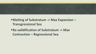 Melting of Substratum -> Max Expansion –
Transgressional Sea
Re-solidification of Substratum -> Max
Contraction – Regressional Sea
 
