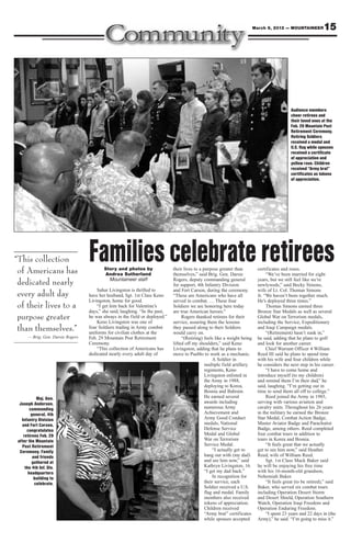 March 9, 2012 — MOUNTAINEER                                                                                9


New commanders, 1st sergeants learn ropes
  Story and photo by Pfc. Andrew Ingram                                                        of the students a much-needed reminder of the tasks
                                                                                                            sergeant, you are learning a lot on the fly,” Williams
    4th Infantry Division Public Affairs Office                                                and procedures company leaders must be familiar
                                                                                                            said. “We may not learn everything we will need to
                                                                                               with, said Capt. Aaron Williams, commander,
                                                                                                            know during this course, but we have learned where
     Mountain Post officers and senior noncommis-                                              Company B, Headquarters and Headquarters
                                                                                                            to get our questions answered.”
sioned officers participated in the Commander and                                              Battalion, 4th Infantry Division.
                                                                                                                 Even leaders with a long history at the Mountain
First Sergeant Training Course at the Fort Carson                                                  “As a brand new company commander or first
                                                                                                            Post could benefit from the course, said 1st Sgt.
education center, Feb. 27-March 2.                                                                                    Douhnn Gbehan, Company K, 1st Battalion,
     During the weeklong class, newly-                                                                                8th Infantry Regiment, 3rd Brigade Combat
appointed company commanders and first                                                                                Team, 4th Inf. Div.
sergeants, and company level leaders new                                                                                  “During the walking tour, I learned that
to Fort Carson received briefings from post                                                                           many offices had changed location, and
directorates, learned about Army programs                                                                             phone numbers change all the time, so it was
and procedures and toured Fort Carson                                                                                 very beneficial for me to take this course”
training facilities.                                                                                                  said Gbehan, who has been stationed at Fort
     Each class is designed to provide                                                                                Carson since 2006.
information to leaders to prepare them for                                                                                On the final day of the course, Maj.
the complex mission of leading a company,                                                                             Gen. Joseph Anderson and Command Sgt.
said David List, facilitator for the                                                                                  Maj. Brian Stall, 4th Inf. Div. and Fort
Commander and First Sergeant Training                                                                                 Carson commanding general and senior
Course, Fort Carson Mission Support                                                                                   enlisted leader, presented the students with
Element Training Office.                                                                                              certificates of appreciation and encouraged
     “This course is an orientation built for                                                                         them to enjoy their time as company leaders.
new first sergeants and commanders who                                                                                    “You are all at a great stage in your
are about to take command,” List said.                                                                                lives, because the best jobs in the Army
“It gives them a briefing of all of the                                                                               are company commander and first
organizations on post that can help them                                                                              sergeant,” Anderson said. “There is nothing
during command. It entails just about Capt. Aaron Williams, commander, Company B, Headquarters and more rewarding than being in command of
everything a commander and first sergeant Headquarters Battalion, 4th Infantry Division, asks for clarification on Soldiers. The partnership between the
need to know to take care of Soldiers on a proper procedures to deny a Soldier favorable action due to disciplinary commander and first sergeant is tremen-
day-to-day basis here on Fort Carson.”        problems, during the Commander and First Sergeant Training Course at dously important; you are a team.”
     Participating in the course gave many the Fort Carson education center Feb. 29.                                      The next course is slated for April 30.




     When it
    comes to
     Public
     Record
  Information,

  Rely on the
   Experts


                              We strive to keep you connected. That’s why we offer 5 years of 1 low price on CenturyLink™
                              We strive to keep you connected. That’s why we offer years of low price on CenturyLink                                                                                                                                                           CenturyLink™ High-Speed Internet
                                                                                                                                                                                                                                                                               CenturyLink High-Speed Internet
                                                                                                                                                                                                                                                                                              g
                              High-Speed Internet with speeds up to 12 Mbps. No term commitment. Guaranteed.
                              High-Speed Internet with speeds up to 12 Mbps. No term commitment. Guaranteed.


                              Centur yLink proudly supports the United States Air Force.
                              CenturyLink proudly supports the United States Air Force.
                              Ask about our Military discount.
                              Ask about our Military discount.
                                                                                                                                                                                                                                                                                     5 years. 1 price. 0 term commitment.
                                                                                                                                                                                                                                                                                       years. price. term commitment.
                              Call 888.285.9504 Click centur ylink.com
                              Call 888.285.950 4 Click centurylink.com
                              Come in For locations, visit centur ylink.com/storelocator
                              Come in For locations, visit centurylink.com/storelocator




                              *Offer ends 5/31/2012. New residential High-Speed Internet or existing residential Pure Broadband customers only. Services and offers not available everywhere. Price-Lock Guarantee Offer applies only to the monthly recurring charge for the listed service for sixty (60) consecutive months; excludes
                                                                                            Internnet                                                          only. Servi ices                                                                e                                                                        d



  Subscribe Today
                              all taxes, fees, surcharges, and monthly recurring fees for modem/router and professional installation. Listed monthly recurring charge of $19.95 applies to CenturyLink™ High-Spee Internet with speeds up to 12 Mbps and requires subscripti to a CenturyLink™ Home Phone with Unlimited
                                                                                                                                                                          y recurring                                                High-Speed ed                                                                      ion
                                                                                                                                                                                                                                                                                                             subscription          CenturyLink™
                              Nationwide Calling plan. An additional monthly fee (including professional installation, if applicable) and a shipping and handling fee will apply to customer’s modem or router. Offer requ
                                                                                            (incluuding                                                                     handling                 customer’s’                  r
                                                                                                                                                                                                                             router.       requires customer to remain in good standing and terminates if custo
                                                                                                                                                                                                                                                uires                                                              customer changes their account in any manner including
                                                                                                                                                                                                                                                                                                                        omer
                              any change to the required CenturyLink services (cancelled, upgraded, downgraded), telephone number change, or change of physical location of any installed service (including customer moving from residence of installed services). General – CenturyLink may change, cancel, or substitute offers and
                                                                                          (cance elled,                                                                 chaange physical                                                     customer
                              services, including Locked-In Offer, or vary them by service area, at its sole discretion without notice. Requires credit approval and depo may be required. Additional restrictions apply. Terms and Conditions – All products and services are governed by tariffs, terms of service or terms and conditions posted at www.centurylink.com.
                                                             Offer,                           area,                                                                    deposit
                                                                                                                                                                           osit              Additional             apply. Terms
                                                                                                                                                                                                                        y              Conditio ons                                                               service,
                                                                                                                                                                                                                                                                                                                        e,                                   www.centurylink.com.
                              Taxes,
                              Taxes, Fees, and Surcharges – Applicable taxes, fees, and surcharges include a Carrier Universal Service charge, National Access Fee surcharge, a one-time High-Speed Internet activation fee, state and local fees that vary by area and certain in-state surcharges. Cost recovery fees are not taxes or government-required charges for use.
                                                                                                 su
                                                                                                  urcharges                                                              Fe
                                                                                                                                                                          ee                    High-Speed                                    local                                                                           are
                              Taxes, fees, and surcharges apply based on standard monthly, no promotional, rates. Call for a listing of applicable taxes, fees, and surcharges. Monthly Rate – Monthly rate applies while customer subscribe to all qualifying services. If one (1) or more services are cancelled, the standard monthly fee will apply to each remaining service.
                              Taxes,                                                   monthly, not
                                                                                                  ot                                                                   surcharges.                                                    subscribeses                                                                        standard



  634-1048
                              High-Speed Internet (HSI) – Customer must accept High-Spee Internet Subscriber Agreement prior to using service. Download speed will range from 85% to 100% of the listed download speeds due to co
                                                                                        High-Speeded                                                                       ds
                                                                                                                                                                      speeds                      100%                                        conditions outside of network control, including customer location, websit accessed, Internet congestion and customer equipment.
                                                                                                                                                                                                                                                onditions                                                               tes
                                                                                                                                                                                                                                                                                                                  websites
                              Private, Direct Connection and Speed Claims – Direct conn       connection and consistency and speed claims are based on providing High-Sp Internet customers with a dedicated, virtual-circuit connection betw their homes and the CenturyLink central ofﬁce. Home Phone with Unlimited Nationwide Calling – Service applies to one
                                                                                                  nection                                                           High-Speed
                                                                                                                                                                           peed                                                            between
                                                                                                                                                                                                                                               ween
                              (1) residential phone line with direct-dial, local and nationwide lo distance voice calling from home phone, including Alaska, Puerto Rico, Guam, and U.S. Virgin Islands; excludes commercial use, call center, da and facsimile services (including dial-up Internet connections, data se
                                                                                                  ong
                                                                                                 long                                                    Alaska,        Rico,                                                          center, data
                                                                                                                                                                                                                                                ata                                                                    services, and facsimile; each may be billed at $0.10/minute),
                                                                                                                                                                                                                                                                                                                        ervices,                                      $0.10/minute),
                              conference lines, directory and operator assistance, chat lines, pay-per-call, calling card use, or multi-housing units. Usage will be monito for compliance and service may be suspended/terminated for noncompliance. An additional charge may be assessed to customer if usage co
                                                                                                 pay-per-call,                                                       monitored
                                                                                                                                                                          ored                                                           noncompliance.                                                                consistently exceeds 5,000 minutes/mo. International calling
                                                                                                                                                                                                                                                                                                                        onsistently                             International
                              billed separately. ©2012 CenturyLink, Inc. All Rights Reserved. T name CenturyLink and the pathways logo are trademarks of CenturyL Inc.
                                               y
                                     separately.                                                  The                                                                      Link,
                                                                                                                                                                   CenturyLink,
 