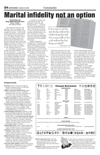 March 9, 2012 — MOUNTAINEER                   17


  A look back
in time, history
                By Nel Lampe
               Mountaineer staff
     Camp Carson came into being just weeks
after Pearl Harbor was attacked Dec. 7, 1941.
                                                       Camp Carson Named After
                                                       Glamourous Westerner
     In 1942, Colorado Springs was a town of
40,000 people. City fathers had been laying
the groundwork for getting one of the military
installations cropping up around the U.S. as the
nation teetered on the brink of entering World              Editor’s note — The U.S. War Department                      and pathfinder, Fremont, ever after publicity and
War II. The city had purchased 5,533 acres             General Orders designating the post “Camp                         pushing his own political plans, did much to make
south of town for a possible site.                     Carson” were published March 6, 1942.                             the name of Kit Carson a household word all over
     The announcement came in January 1942             The following article is being reprinted from the                 the country. It was his name and his adventures that
that Colorado Springs would be the site of an          Jan. 7, 1943, Camp Carson Mountaineer in                          lured many people to the West and did much to help
Army post. Contracts totaling $30 million were         observance of Fort Carson’s 70th anniversary.                     the expansion. Kit did not care much for publicity,
in place on the city-obtained acreage. More                 On February 22, 1942, The Gazette                           being prouder of his rifle with nineteen notches.
acreage was purchased from private owners and          Telegraph carried the news story that the camp                         Although primarily a fighting man Kit was
the Department of the Interior. Additional             near Colorado Springs was to be called Camp                       romantic. He had three wives in eight years and
acreage was leased from the state of Colorado.         Kit Carson. General readers of the paper thought                  loved all three devotedly. In 1835 at a rendezvous
Construction began Jan. 6, 1942.                       the name appropriate for a camp situated near                     at Green River he married a beautiful Arapahoe
     Buildings were completed hurriedly,               Colorado Springs. Soldiers coming into the camp                   girl “Singing Grace,” whom he called Alice. After
sometimes around the clock under floodlights as        accepted the name and thought little about it.                    her death he married a Cheyenne girl, who soon
the July 13 deadline loomed. More than 11,000               A few who had forgotten their history wondered               deserted him for an Indian brave. The greatest love
people were employed at the peak of construction.      why a military reservation should be named after                  of his life was Josefa, a fifteen year old Mexican
     Camp Carson was named after Christopher           a scout and Indian hunter. They had forgotten that                belle, who came from one of the best families in
“Kit” Carson in March 1942.                            Kit Carson was a Brevet Brigadier General, and                    Taos. Here he made his home to which he returned
     Soldiers began arriving at Camp Carson in         had served in both the Mexican and the Civil wars.                from a hunting or scouting expedition.
June 1942, usually by railroad at the Denver           In 1866 he was mustered out of service of the New                 Died in 1868
Rio Grande or Santa Fe depots. Eventually,             Mexico Volunteers as a Lt. Colonel. He had been                        During the Mexican and Civil wars Carson
there were some 40,000 Soldiers at Camp                brevetted Brigadier-general of this group on March                gave the government invaluable service as an
Carson — roughly the same number of people             13, 1865 “for gallantry in the Battle of Valverde,                Indian fighter. After these wars he tried his hand
as lived in Colorado Springs at the time.              and for distinguished services in New Mexico.”                    at ranching at Rayado Creek, but was constantly
     There were no fast-food restaurants in those           Kit Carson was probably one of the                           called on to help put down the Indians. He was
days. Calls home were infrequent, made from pay        most colorful figures in the West in its early                    made an Indian agent in 1853, and made a name
phones. Soldiers communicated with friends and         days. He ran away from home and his work                          for himself in subduing the treacherous Apaches
Family by letter, which took a 3-cent stamp to mail.   as a saddlers apprentice to join a pack                           and Navajos, and in keeping peace with the
     During their off-duty time, Soldiers were         train on the old Santa Fe trail.                                      other restless tribes.
in uniform when they caught a public bus to                 The stories of the fabulous wealth to                                  In 1867 his health began to fail. This
town, where they hung out at “G.I. Corner”             be made in beaver                                                       was speeded by an accident in which Kit was
or “Busy Corner,” took in a 55-cent movie              and buffalo                                                                thrown from a horse and dragged some
(40 cents for the balcony) at the Ute, Trail,          attracted him to                                                              distance. He was badly hurt internally.
Chief or Peak theaters, although there were            Taos. Here he made                                                            When he should have been staying at
seven movie theaters at Camp Carson.                   his home when he                                                               home and caring for himself, he took
     For a food change of pace, Soldiers had           wasn’t out hunting,                                                            a group of Ute chieftains to Washington
lunch at the counter at Walgreen’s Drug Store or       trapping, scouting or on                                                        for a meeting to try to settle the Indian
Woolworth or ate at the Grand Cafe or Charlie’s        missions for the government.                                                       problem. He returned a sicker man,
Lunch. They bought $7 military-style shoes at               He became a trapper with                                                       only to find his wife, Josefa, dying
Lorig’s, Vorhee’s or Waymire’s and shopped             the famous Wing Young and a                                                               in childbirth. He was worn
at Hibbard’s, Sears Roebuck or J.C. Penney.            good friend of the Crows and                                                                   out, alone with a large
     Perhaps they went dancing at the                  Cheyennes who called him “Little                                                                 family and many debts.
Broadmoor or Antlers hotels or Hiawatha                Chief.” He was an excellent trapper,                                                                His family and
Gardens in Manitou Springs.                            and the best trapper in the West.                                                               friends did what they
     Some 100,000 Soldiers trained at Camp             Carson With Fremont                                                                          could to help him. He was
Carson during World War II.                                 Although he couldn’t read he could                                                        moved to old Ft. Lyon
     A look at the Camp Carson Mountaineer             speak six Indian dialects. Kit Carson                                                            where he was cared for
archives revealed interesting stories.                 assisted William Bent in building                                                                  by Dr. Tilton. Here on
     Hundreds of mules were at Camp Carson, and        Bent’s Fort and helped to make it the                                                                May 23 of 1868 he
there were Soldiers whose jobs were “muleskinner.”     largest business center in the West.                                                                     was taken with
     Soldiers with the 10th Mountain Division          From here Kit directed his famous                                                                         hemorrhage after
trained on skis in cold winter weather conditions      band of Indian men for fifteen years.                                                                    eating buffalo
for mountain warfare at Camp Hale, near Leadville.     They were buffalo hunters who kept                                                           steak and drinking coffee.
     Hundreds of Soldiers convalesced from             the fort in meat, and guards who                                                                He called out, “I’m gone!
war wounds at the convalescent hospital                kept the Santa Fe trail open for trade.                                                      Doctor Compadre, adios.”
at Camp Carson.                                             It was at Bent’s fort that Kit                                                                So passed on one
     Nine Divisions have been headquartered at         met Fremont. Because of his                                                                     of the most dramatic
Carson, the 4th Infantry Division has called           services to Fremont as his scout                                                               heroes of the old West.
this post home twice: from 1970-1995 and the




                                                       H
division returned in 2009.
     Throughout 2012, the 70th anniversary of the                                                  the record as the 104th “Timberwolf”        bowling team wins the men’s 5th Army
founding of the Mountain Post, the Mountaineer
will periodically run stories from archived news-
                                                                istory                             Division arrives for advanced training.
                                                                                                   March 20, 1944 — Winter storm
                                                                                                                                               title during the Fort Benjamin Harrison,
                                                                                                                                               Ind., competition.

papers. The staff hopes to find historic articles
that mark major events or milestones, or that
                                                                ighlights                          with severe snow and wind shuts down
                                                                                                   the camp, tying up all traffic.
                                                                                                   March 26, 1946 — Advance
                                                                                                                                               March 20, 1957 — An $8 million
                                                                                                                                               project to construct 500 “Capehart
                                                                                                                                               Program” housing units on Fort
highlight interesting happenings or occurrences        March 1942 — The massive camp               detachment of the 38th Regimental           Carson begins.
                                                       construction project is under way with      Combat Team arrives at Camp Carson          March 10-11, 1977 — Heavy snow
on post that may be of interest to today’s readers.                                                ahead of the main body which arrives        driven by winds near 100 mph paralyze
                                                       thousands of workers present for duty.
     The occasional series started last week,          March 6, 1942 — U. S. War                   for training during the month.              the Pikes Peak region leaving many dead
with a story about the Women Ordnance                  Department General Orders designating       March 4, 1947 — Gen. Jonathan               and hundreds stranded. Fort Carson and
Workers — known as WOWs — as a part                    the post “Camp Carson” are published.       Wainwright, 4th Army commanding             4th Infantry Division units mobilize to
of Women’s History Month. Past issues of the paper     March 18, 1943 — The 811th Tank             general, visits the post.                   rescue stranded ranchers and motorists
                                                       Destroyer Battalion arrives at Camp         March 14, 1952 — The Army Dog               caught behind 7-15 foot snow drifts.
are available at http://csmng.com/Mountaineer.                                                     Training Center opens at Camp Carson        March 1992 — Numerous special
                                                       Carson and immediately begins training.
     The staff hopes readers enjoy a look at the       March 9, 1944 — Camp Carson, the            and begins an intensive training schedule   activities and events are held in
history of Fort Carson.                                former home of the 89th and 71st infantry   with newly arrived K-9s.                    celebration of Women’s History Month
                                                       divisions, adds another division for        March 26, 1955 — The Fort Carson            and Federal Women’s Week.
 