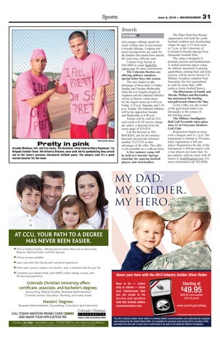 June 8, 2012 — MOUNTAINEER                                 31
                                                                                                                                      Bench
                                                                                                                                      from page 30                                 The Pikes Peak Pop Warner
                                                                                                                                                                              organization will hold the youth
                                                                                                                                      and younger siblings spend the          football combine and cheerleading
                                                                                                                                      week visiting sites in and around       camps for ages 5-15 from noon
                                                                                                                                      Colorado Springs. Lodging and           to 5 p.m. at the University of
                                                                                                                                      travel arrangements are made for        Colorado-Colorado Springs Four
                                                                                                                                      the families that attend from outside   Diamonds football field.
                                                                                                                                      the local area, officials said.              The camp is designed to
                                                                                                                                           Contact Greg Taveau at             promote exercise and fundamentals.
                                                                                                                                      244-2048 or email dgsbcff@              A skilled positions player camp,
                                                                                                                                      yahoo.com for more information.         for athletes interested in playing
                                                                                                                                           The Colorado Rockies are           quarterback, running back and wide
                                                                                                                                      offering military members               receiver, will be run by former U.S.
                                                                                                                                      special ticket buys this season.        Military Academy standout Nate
                                                                                                                                           The next chance to take            Sassaman, the first quarterback
                                                                                                                                      advantage of these deals is Friday-     to rush for more than 1,000
                                                                                                                                      Sunday and Tuesday-Wednesday            yards in Army football history.
                                                                                                                                      when the Los Angeles Angels of               The Directorate of Family and
                                                                                                                                      Anaheim and the Oakland Athletics       Morale, Welfare and Recreation
                                                                                                                                      will be in Denver. Game times           has announced the bowling
                                                                                                                                      for the Angels series are 6:40 p.m.     and golf award winners for May.
                                                                                                                                      Friday, 2:10 p.m. Saturday and 1:10          Leslie Libby was the winner
                                                                                                                                      p.m. Sunday. The Oakland Athletics      of the golf award while Lisa
                                                                                                                                      will be the opposition Tuesday          Hernandez is the winner of
                                                                                                                                      and Wednesday at 6:40 p.m.              the bowling award.
                                                                                                                                           Tickets will be sold for $14            The Military Intelligence
                                                                                                                                      each (with a $3.50 service charge       Ball Golf Scramble takes place
                                                                                                                                      per order), a discount from the         June 23 at Cheyenne Shadows
                                                                                                                                      usual range of $19-$39.                 Golf Club.
                                                                                                                                           Call the Rockies at 303-                Registration begins at noon
                                                                                                                                      ROCKIES, ask for the military           with a shotgun start at 1 p.m. The
                                                                                                                                      discount and provide reference          tournament is limited to 30 teams.
                                                                                                              Photo by Walt Johnson
                                                                                                                                      number 21231258 to take                 Early registration is $45 per
                            Pretty in pink                                                                                            advantage of the offer. This offer      player. Registration the day of the
Arnaldo Mediana, left, and Eric Cantu, 4th Battalion, 42nd Field Artillery Regiment, 1st                                              is not available on a walk-up basis.    tournament is $50 per player with
Brigade Combat Team, 4th Infantry Division, wear pink shirts symbolizing they struck                                                       A free summer camp will            a four players per team limit. To
out in the team’s previous intramural softball game. The players said it’s a good                                                     be held in Colorado Springs             pre-register, send an email with all
morale booster for the team.                                                                                                          Saturday for aspiring football          names to fcmibl@gmail.com. For
                                                                                                                                      players and cheerleaders.               more information call 503-0204.




  AT CCU, YOUR PATH TO A DEGREE
      HAS NEVER BEEN EASIER.
   CCU is military friendly—offering special tuition discounts to active duty,
   Reserve, National Guard, and their spouses

   Online courses available
   Learn vital skills from faculty with real world experience
   Finish each course in weeks, not months—with a schedule that fits your life

   Complete your degree faster, with AARTS, other college courses, and
   life-learning experience

          Colorado Christian University oﬀers
     certiﬁcate, associate, and bachelor’s degrees:
            Accounting, Biblical Studies, Business Administration
            Criminal Justice, Education, Nursing, and many more!

                                    Masters’ Degrees:
     Business Administration, Counseling, Curriculum and Instruction

CALL TODAY! MENTION PROMO CODE CSMNG                                                                                                                                                 The person pictured above is not an actual service member
     AND WAIVE YOUR APPLICATION FEE
Contact: Jon Haar         johaar@ccu.edu             719.867.5802 or visit: www.ccu.edu/Military
       Colorado Christian University is accredited by the North Central Association of Colleges and Schools
 