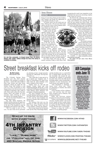 4       MOUNTAINEER — June 8, 2012



                                                                                     Iron Horse                                         recognizing the week’s top competitors at the
                                                                                     from Page 1                                        individual and unit level, presenting trophies
                                                                                                                                        to the victors at 5:30 p.m.
                                                                                     Range 45, Iron Horse Week provides Soldiers,            The 4th Inf. Div. command team will pre-
                                                                                     their Families and friends the opportunity to      sent the winning battalions with Commander’s
                                                                                     come together and play, he said.                   Cups; each battalion will maintain the cup
                                                                                          “It’s pretty neat to see the whole post out   until the next annual Iron Horse Week. The
                                                                                     here,” McCoy said. “The run was about cama-        winning battalion of the combatives tournament
                                                                                     raderie, but this week is about bragging rights.   will receive the Fight House Cup to be displayed
                                                                                     It’s competition mode now; it’s                         at its battalion headquarters until the next
                                                                                     about which unit is the best at                                    Fort Carson combatives tourna-
                                                                                     wrestling, boxing, running.”                                         ment. The winning battalion of
                                                                                          Leaders across the post                                           the boxing tournament will
                                                                                     adjusted training sched-                                                  receive the World Class
                                                                                     ules and prioritized unit                                                  Athlete Program Boxing
                                                                                     duties and responsibilities                                               Winner’s Belt to be kept at
                                                                                     to provide troops the oppor-                                            its battalion headquarters
                                                                                     tunity to take a break for the                                          until the next post boxing
                                                                                     sake of having a little fun.                                               tournament.
                                                                                          “Balancing our mis-                                                       The awards ceremony
                                                                                     sion at the unit, and the                                                  will be followed by enter-
                                                                                     sports we are competing in is                                            tainment from the U.S. Air
                                                                                     actually bringing our unit                                            Force Reserve Rock Band Max
                                                                                     closer together,” said 2nd Lt.                                     Impact, beginning at Iron Horse
                                                                                     Richard Garcia, platoon leader,                              Park at 6 p.m., and contemporary
                                                                                     Company C, 1st Battalion, 22nd Infantry            musical act, Daughtry at 7 p.m. The concert
                                                                                     Regiment, 1st BCT, 4th Inf. Div. “We have          is only open to Department of Defense
                                                                                     something to look forward to when we come into     identification cardholders and their guests.
                                                                                     work in the morning. Yes we are (working), but          Event schedules and competition brackets
                                                  Photo by Staff Sgt. Michael Cruz   after we are done with the mission, we can go      are available at http://carspublic.carson.
Col. Joel Tyler, commander, 1st Brigade Combat Team, 4th Infantry                    out and support our team, our battle buddies.”     army.mil/ihw/iron.aspx.
Division, leads “Raider” Soldiers through Iron Horse Park during an                       Iron Horse Week will wrap up with an               See pages 8-9 for more Iron Horse
installation run, Monday.                                                            awards ceremony Friday at Iron Horse Park,         Week photos.




Street breakfast kicks off rodeo                                                                                                                        AER Campaign
           By Nel Lampe
          Mountaineer staff
                                             are planning to have enough pancakes
                                             and eggs for 7,000 people. Serving lines
                                             close at 9 a.m.
                                                                                                    said the breakfast also is a send-off for
                                                                                                    the 175 Range Riders who take a five-
                                                                                                    day horseback ride around the area,
                                                                                                                                                        ends June 15
                                                                                                                                                           Officials with the
    The Colorado Springs Street                   “We’ve done this 51 times and we’ve               continuing the tradition of promoting                  Army Emergency
Breakfast isn’t like other pancake           got it figured out,” Singleton said. “I                the rodeo. This will be the 64th ride for               Relief Campaign
breakfasts. This breakfast is actually in    think it’s a good thing to do. Some of the             the Range Riders, whose membership is                     hope to raise
the street — smack dab in the middle of      funds from the street breakfast come                   composed of local businessmen and                   $200,000 and will be
Pikes Peak Avenue and Tejon Street           back to Soldiers at Fort Carson.”                      local citizens who support the rodeo.                accepting donations
downtown. Streets are roped off, and              Soldiers from 1st, 2nd and 3rd                         “This (breakfast) is definitely a              through June 15. Last
Soldiers bring field kitchens in and         Brigade Combat Teams and 43rd                          family event,” Axton said. “There                     year the campaign
cook up a mess of pancakes to feed           Sustainment Brigade, 4th Inf. Div., as well            are generations of families that attend                 raised $126,187.
hungry diners who line up early to get       as 4th and 52nd Engineer Battalions and                the breakfast.”                                         Money collected
a breakfast of pancakes, eggs, coffee or     759th Military Police Battalion will                        Axton said there will be a children’s             during the annual
milk. Diners grab a place on a hay bale,     participate in breakfast preparation.                  area, with activities that will keep                  campaign provides
hunker down and gobble up those                   The street breakfast has been a                   them occupied, such as balloons, face                emergency financial
pancakes while listening to music            Colorado Springs tradition for 52 years.               painting and games.                                 assistance to Soldiers
provided by The Durango Drifters.            The Pikes Peak or Bust Rodeo debuted                        Radio and television stations                  and Family members.
    June 20, the Street breakfast is the     in 1937, and the street breakfast was                  broadcast live from the street breakfast.            Soldiers may donate
biggest thing in town.                       started by a booster club to build interest                 Tickets to the breakfast are actually             through their unit
    Sgt. Maj. Willie Singleton, 4th                                                                                                                       project officer. All
                                             for the rodeo.                                         souvenir “wooden nickels” and cost $5
                                                                                                                                                         community members
Infantry Division food service supervisor,        The Sertoma Club took over the                    on site. People can buy wooden nickels                 may donate cash,
said he’s taking about 90 people at 1 a.m.   breakfast in 1960, and along with the                  for $4 until the day before the breakfast             check or allotment
on the day of the breakfast to start the     Pikes Peak Range Riders and Fort                       by calling 526-5249. Children under 5                   by visiting Army
preparation work and put on the coffee.      Carson Soldiers, continue the tradition.               eat free. Western attire is encouraged.              Community Service,
    “We’ll be ready to serve at 5:30              Brett Axton, liaison for the Sertoma                   Parking is along the streets at                     building 1526.
a.m.,” he said. Food service personnel       Club and the Pikes Peak Range Riders,                  meters or in city parking garages.




                                                                                                                    WWW.FACEBOOK.COM/4THID



                                                                                                                    WWW.TWITTER.COM/@4THINFDIV


                                                                                                                    WWW.YOUTUBE.COM/USER/THE4ID

                                                                                                                    WWW.FLICKR.COM/PHOTOS/THE4ID

                                                                                                                    WWW.SLIDESHARE.NET/THE4ID
 