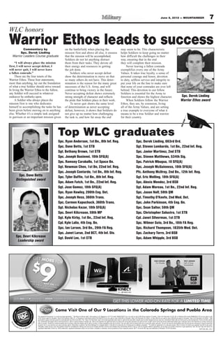 June 8, 2012 — MOUNTAINEER                                                          7
WLC honors
Warrior Ethos leads to success
          Commentary by                                                                      on the battlefield, when placing the                                                             may seem to be. This characteristic
        Spc. Derek Lieding                                                                   mission first and above all else, it ensures                                                     helps Soldiers to keep going no matter
  Warrior Leaders Course graduate                                                            that the mission will be accomplished.                                                           how difficult the challenges in their
                                                                                             Soldiers do not let anything distract                                                            way, ensuring that in the end
     “I will always place the mission                                                        them from their tasks. They devote all                                                           they will complete their mission.
first, I will never accept defeat, I                                                         their energy and resources to getting                                                                 Never leaving a fallen comrade
will never quit, I will never leave                                                          the job done.                                                                                    exemplifies every one of the Army
a fallen comrade.”                                                                                Soldiers who never accept defeat                                                            Values. It takes true loyalty, a sense of
     These are the four tenets of the                                                        show the determination to move on that                                                           personal courage and honor, devotion
Warrior Ethos. These four statements,                                                        so many others do not have. This deter-                                                          to duty, selfless service and integrity to
more than anything, lay out the foundation                                                   mination is the reason for the many great                                                        put your life on the line to make sure
of what a true Soldier should strive toward.                                                 successes of the U.S. Army, and will                                                             that none of your comrades are ever left
In living the Warrior Ethos to the fullest,                                                  continue to bring victory in the future.                                                         behind. This devotion to our fellow
any Soldier will succeed in whatever                                                         Never accepting defeat shows extremely                                                           Soldiers is essential for the Army to
endeavor he embarks upon.                                                                    strong strength of character and reflects                                                        function and shows the highest character.                                                               Spc. Derek Lieding
     A Soldier who always places the                                                         the pride that Soldiers place in their work.                                                          When Soldiers follow the Warrior                                                                   Warrior Ethos award
mission first is one who dedicates                                                                To never quit shows the same level                                                          Ethos, they are, by extension, living
himself to accomplishing the tasks he has                                                    of determination as never accepting                                                              all of the Army Values, and are setting
been given before moving on to anything                                                      defeat, however, it shows that Soldiers do                                                       a true example to everyone of what it
else. Whether it’s a simple task assigned                                                    not give up no matter how challenging                                                            means to be a true Soldier and warrior
in garrison or an important mission given                                                    the task is, and how far away the end                                                            for their country.




                                                                                 Top WLC graduates
                                                                                 Spc. Ryan Anderson, 1st Bn., 8th Inf. Reg.                                                                                              Spc. Derek Lieding, 663rd Ord.
                                                                                 Spc. Dane Betts, 1st STB                                                                                                                Sgt. Steven Lombardo, 1st Bn., 22nd Inf. Reg.
                                                                                 Sgt. Bethany Brown, 1st STB                                                                                                             Spc. Javier Martinez, 2nd STB
                                                                                 Spc. Joseph Busienei, 10th SFG(A)                                                                                                       Spc. Steven Matthews, 534th Sig.
                                                                                 Spc. Ramsey Caraballo, 1st Space Bn.                                                                                                    Spc. Patrick Mbugua, 10 SFG(A)
                                                                                 Sgt. Newman Chen, 1st Bn, 22nd Inf. Reg.                                                                                                Spc. Joseph McGuinness, 10th SFG(A)
                                                                                 Spc. Joseph Contardo, 1st Bn., 8th Inf. Reg.                                                                                            Pfc. Anthony McIlroy, 2nd Bn., 12th Inf. Reg.
               Spc. Dane Betts                                                   Spc. Tyler Duffin, 1st Bn., 8th Inf. Reg.                                                                                               Sgt. Eric Melling, 10th SFG(A)
             Distinguished award
                                                                                 Spc. Adam Futch, 1st Bn., 22nd Inf. Reg.                                                                                                Spc. Alexis Mendez, 3rd BSB
                                                                                 Sgt. Jose Gomez, 10th SFG(A)                                                                                                            Sgt. Adam Moreau, 1st Bn., 22nd Inf. Reg.
                                                                                 Spc. Ryan Hawley, 200th Eng. Det.                                                                                                       Spc. Jason Nolf, 59th QM
                                                                                 Spc. Joseph Hess, 360th Trans.                                                                                                          Sgt. Timothy O’Keefe, 2nd Med. Det.
                                                                                 Spc. Carmen Kapuchuck, 360th Trans.                                                                                                     Spc. John Parkinson, 4th Eng. Bn.
                                                                                 Sgt. Nicholas Kezar, 10th SFG(A)                                                                                                        Spc. Sean Salter, 59th QM
                                                                                 Spc. Devri Kilcrease, 59th MP                                                                                                           Spc. Christopher Salustro, 1st STB
                                                                                 Sgt. Kyle Kirby, 1st Bn., 22nd Inf. Reg.                                                                                                Cpl. Janet Silverman, 1st STB
                                                                                 Cpl. Kyle Lalio, 4th Eng. Bn.                                                                                                           Spc. Wilmer Soto, 3rd Bn., 16th FA Reg.
                                                                                 Spc. Ian Larsen, 3rd Bn., 29th FA Reg.                                                                                                  Spc. Richard Thompson, 1835th Med. Det.
                                                                                 Spc. Janet Larue, 2nd BCT, 4th Inf. Div.                                                                                                Spc. Zachary Torre, 3rd BSB
            Spc. Devri Kilcrease                                                 Sgt. David Lee, 1st STB                                                                                                                 Spc. Adam Whipple, 3rd BSB
             Leadership award




                                                                                                                                                                                                                                                        HULK HOGAN                                          TROY AIKMAN
                                                                                                                                                                                                                                                         Pro Wrestler                                       Hall of Fame
                                                                                                                                                                                                                                                                                                            Quarterback




                                                                                                                                                                                                                                                                                                                       LCD



    OBTÉN MÁS POR $9 SEMANALES* AL AÑADIR CUALQUIERA DE ESTOS GRANDIOSOS
                   ARTÍCULOS EN CUALQUIER CONTRATO NUEVO
                                                                                                                                                                                 GET THIS LOWER ADD-ON RATE FOR A LIMITED TIME!

                                                                            Come Visit One of Our 9 Locations in the Colorado Springs and Pueblo Area
                                               The advertised transaction is a rental-purchase agreement. *”Get More for $9 per week” offer applies to 32” Magnavox LCD TV (model 32MF301B/F7) at a non add-on rate of $25.99 per week for 52 weeks, Total of All Payments: $1,351.48; or Nintendo Wii (model WIIBUNDLE.03) at a non add-on rate
                                               of $21.99 per week for 39 weeks, Total of All Payments: $857.61; or Playstation 3 with Move (model PS3-MOVE.01) at a non add-on rate of $30.99 for 39 weeks, Total of All Payments: $1,208.61; or Xbox 360 at a non add-on rate of $30.99 per week for 39 weeks, Total of All Payments: $1,208.61. Offer
                                               good while supplies last and cannot be combined with any other promotion. The “Total of All Payments” does not include applicable sales taxes or optional fees and other charges (such as late charges) that you may incur. Advertised rental rates and terms are for new merchandise. Prices not valid outside
                                               U.S. Advertised rate begins 6/4/12 and ends 6/23/12. Add-on savings based on weekly rate. Total of All Payments for advertised add-on product will not exceed disclosed non-add-on total. Length of term varies and will be determined based upon combined Total of All Payments for primary rental and
 ren




                                          58




                                               add-on product, divided by combined weekly rate of primary rental plus weekly rate for add-on product. Product availability may vary by store. Free-rent offers will not reduce total rent or purchase-option amounts. You will not own the merchandise until the total amount necessary to acquire ownership
       ce
                                     77
  ta




                                         7.
                                               is paid in full or you exercise your early purchase option. Ownership is optional. See Store Manager for complete details. Consulta con el Gerente de la Tienda para los detalles completos. **To restart an agreement on a returned product, Rent-A-Center will retain your payment records for two years.
            nte
                  r. c o            87         Thereafter, simply bring in your last payment receipt for reinstatement. Delivery and set-up are included and RAC services and maintains the merchandise while on rent or in NJ for duration stated on agreement; set-up does not include connection of gas appliances. Acer, the Acer logo and Aspire are
                         m   800.              registered trademarks of Acer Inc. Other trademarks, registered trademarks and/or service marks, indicated or otherwise, are the properties of their respective owners. Wii™, ® and the Wii logo are trademarks of Nintendo. © 2012 Nintendo.                                           ROP1206_MIL_COL1
 
