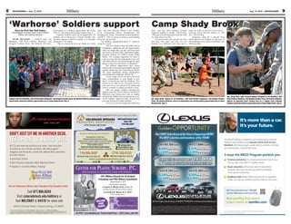 8         MOUNTAINEER — Aug. 17, 2012                                                                                                                                                                                                                                                                                                                                       Aug. 17, 2012 — MOUNTAINEER           9


    ‘Warhorse’ Soldiers support
           Story by Staff Sgt. Ruth Pagan                                                        participated in a military appreciation day at the
                                                                                                                          kids,” said Chief Warrant Officer 2 Joel Gerlach,
                                                                                                                                                                                                                               Camp Shady Brook
                                                                                                                                                                                                                               kids,” said Sgt. Glen Nadeau, Forward           hang out with us and have fun with us,”
        2nd Brigade Combat Team Public Affairs                                                   YMCA Camp Shady Brook near Sedalia Aug. 8.
                                                                                                                          event coordinating officer, Headquarters and                                                         Support Company G, 3rd Bn., 16th FA Reg.        said Sgt. Jason Nichols, Battery A, 3rd
              Office, 4th Infantry Division                                                          Eighteen Soldiers came out to support the 176
                                                                                                                          Headquarters Troop, 2nd Special Troops Battalion,                                                    “They get so much enjoyment from the stuff      Bn., 16th FA Reg.
                                                                                                 children, all of whom have a Family member who
                                                                                                                          2nd BCT. “They’ve given so much to us by holding                                                     we work with every day.”                            Donations made by a national food
        NEAR DECKERS — Soldiers from 3rd                                                         has been injured or killed in combat, or is currently
                                                                                                                          down the fort at home.”                                                                                  “It’s good when you can get out here        chain allowed the children to take part in
    Battalion, 16th Field Artillery Regiment, 2nd                                                deployed or will deploy.     The children, ranging from age 6-17, stayed at                                                   and play with them and they can see             the weeklong event, which would have cost
    Brigade Combat Team, 4th Infantry Division,                                                      “This is a chance for us to say ‘thank you’ to the
                                                                                                                          camp for a week.                                                                                     Soldiers in a different way; they get to        $550 per child.
                                                                                                                                     “We try to build on their life skills, such as
                                                                                                                                friendships, confidence and self improvement,
                                                                                                                                which are things they can take with them from
                                                                                                                                here back to the real world,” said Patrick Soldan,
                                                                                                                                program director for YMCA Camp Shady
                                                                                                                                Brook. “It’s a unique experience for them to
                                                                                                                                come to camp, but more importantly to be a kid
                                                                                                                                with other kids who are going through the same
                                                                                                                                things so they have that sense of community.”
                                                                                                                                     The military appreciation day’s events
                                                                                                                                started with a color guard presentation and guest
                                                                                                                                speaker, Master Sgt. Jose Colon-Rivera, 4th Inf.
                                                                                                                                Div. equal opportunity adviser, Headquarters
                                                                                                                                and Headquarters Battalion, 4th Inf. Div.
                                                                                                                                     “Every single one of you has a job to do
                                                                                                                                and a responsibility to your Family to love
                                                                                                                                them,” Colon-Rivera told the children. “The
                                                                                                                                reason we do what we do is because we love
                                                                                                                                you, and we are very proud of our nation and
                                                                                                                                want to continue to ensure our nation is free.”
                                                                                                                                     After the speech, Soldiers informed the
                                                                                                                                children about the M1165 Humvee and M1076
                                                                                                                                Palletized Load System that were on display
                                                                                                                                and then the children had the opportunity to try                                                                                                                                                     Spc. Aaron Antu, right, Forward Support Company G, 3rd Battalion, 16th
    Soldiers with 3rd Battalion, 16th Field Artillery Regiment, 2nd Brigade Combat Team, 4th Infantry Division, perform color on the Soldiers’ Improved Outer Tactical Vest                                                    Sgt. Ryan Smith, Battery B, 3rd Battalion, 16th Field Artillery Regiment, 2nd Brigade Combat          Field Artillery Regiment, 2nd Brigade Combat Team, 4th Infantry Division,
    guard duties during the military appreciation day at Camp Shady Brook, Aug. 8.                                              gear and Advanced Combat Helmets.                                                              Team, 4th Infantry Division, runs in an impromptu race during military appreciation day at Camp       adjusts an Improved Outer Tactical Vest on a camper from Colorado
                                                                                                                                     “It’s cool to see how happy this makes the                                                Shady Brook, Aug. 8.                                                                                  Springs, during the military appreciation day at Camp Shady Brook, Aug. 8.




                                                                                                                                                 Now accepting appointments in our new location.
                                                                                                                                                 COLORADO SPRINGS 660 South Pointe Court,
                                                                                                                                  PEDIATRIC DENTISTRY                                                        Suite 100                                                                                                                                    It’s more than a car.
                                                                                                                                              Little People, Big Smiles                                   719-596-2097
                                                                                                                                                                                                                                                                                                                                                          It’s your future.
    DON’T JUST SIT ME IN ANOTHER DESK.
               S         ANOTH DESK
                             HER                                                                                                      Welcoming New Patients
                                                                                                                                                    Technology with a Caring Touch

    TEACH ME TO STAN OUT
          M     STAND OUT.
                   ND                                                                                                                         Specialized treatment planning for all ages
                                                                                                                                    Treatment under conscious sedation and general-anesthesia
                                                                                                                                         Digital radiography for pinpoint treatment plans and
                                                                                                                                                                                                                                                                                                                             The MILES® (Military Installment Loan & Educational Services)
                                                                                                                                                                                                                                                                                                                             Program was created to help educate Active Duty Service
                                                                                                                                                      reduced radiation exposure                       Jeff Kahl, DDS                                                                                                        Members. We help you get a great deal on a vehicle, and help
    At CTU we know the sacriﬁces you make. Your education                                                                                Parents can stay with children during treatment            Derek Kirkham, DDS
    shouldn’t be one of those sacriﬁces. We offer support                                                                             Most insurance accepted including Military and Medicaid       Zachary Houser, DMD                                                                                                      you build positive credit for the future.
    designed speciﬁcally for current and veteran Army personnel
                                                                                                                                       719-596-2097                                         (719) 522-0123
    and their families.
                                                                                                                                   660 South Pointe Court, Suite 100                     9480 Briar Village Point, Suite 301
                                                                                                                                                                                                                                                                                                                             3 ways the MILES Program protects you.
                                                                                                                                                      www.cspediatricdentistry.com                                                                                                                                               1    Purchase protection. Our buying protections help ensure
                                                                                                                                                                                                                                                                                                                                      that you get a fair deal on a quality vehicle.


                                                                                                                                 CENTER FOR PLASTIC SURGERY, P.C.                                                                                                                                                                2    Buyer education. We provide one-on-one Vehicle
                                                                                                                                                                                                                                                                                                                                      Purchase Training to educate you about purchasing,
                                                                                                                                          SPECIALIZING IN COSMETIC CARE FOR WOMEN                                                                                                                                                     financing and ownership.
                                                                                                                                                                       20% Military Discount for all Surgical                                                                                                                    3    Building credit. Responsible financing from a reputable
                                                                                                                                                                     Procedures and FREE Military Consultation                                                                                                                        lender can help you establish positive credit for the future.
                                                                                                                                                                                         Expires August 31, 2012
                                                                                                                                                                                      CALIFORNIA TRAINED
Visit our Admissions Advisor every Thursday at the Education Center
Visit our Admissions Advisor every Thursday at the Education Center                                                                                                         Gregory F. Bland, M.D., F.A.C.S.
                                                                                                                                                                            Certiﬁed, American Board of Plastic Surgery
                                                                                                                                                                                                                                                                                                                                     We’ve protected over 100,000
                          Call 877.906.6555                                                                                                                                  Gertrudes R. Bland, R.N., BSN                                                                                                                           Service Members and counting.
                                                                                                                                                                                          Skin Care Specialist
                 Visit coloradotech.edu /military or
                                                                                                                                                                                                                                                                                                                                     Buy quality, buy smart.
                Text MILITARY to 94576 for more info                                                                                                              WELCOME                                                                                                                                                            Learn more at usmiles.com
                                                                                                                                                                    HOME
                                                                                                                                                                   TROOPS!
                                                                                                                                                                                                                                                                                                                                                                                                            ®



     * Not all credits eligible to transfer. See the university’s catalog regarding CTU’s transfer credit policies.
                                                                                                                                Financing Available
     Find disclosures on graduation rates, student ﬁnancial obligations and more at www.coloradotech.edu/disclosures. Not all                                                                                                                                                                                                No Army, Department of Defense, or Federal Government Endorsement Implied.
                                                                                                                                                                                                                                                                                                                             No Army, Department of Defense, or Federal Government Endorsement Implied.
     programs are available to residents of all states. CTU cannot guarantee employment or salary. 88-31810 0304353 07/12                                                                                                                                                                                                    The person pictured is not an actual service member.
 