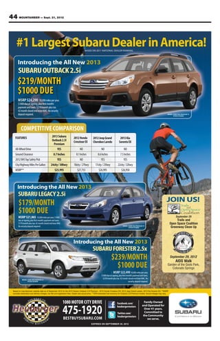 44 MOUNTAINEER — Sept. 21, 2012



     #1 Largest Subaru Dealer in America!                                                BASED ON 2011 NATIONAL DEALER RANKING




       Introducing the All New 2013
        SUBARU OUTBACK 2.5i
       $219/MONTH
       $1000 DUE
        MSRP $24,290 10,000 miles per year,
        $1000 due at signing, plus first month’s
        payment and taxes. $219/month plus tax.
        42 month closed end lease WAC. No security
        deposit required.                                                                                                                                                                     MODEL CODE DDA PACKAGE 01
                                                                                                                                                                                                    STOCK #130255




           COMPETITIVE COMPARISON
    FEATURES                                     2013 Subaru               2012 Honda              2012 Jeep Grand                   2013 Kia
                                                 Outback 2.5I              Crosstour EX            Cherokee Laredo                  Sorento EX
                                                  Premium
    All-Wheel Drive                                   YES                         NO                        NO                          NO
    Ground Clearance                              8.7 Inches                  8.1 Inches                8.6 Inches                  7.5 Inches
    2012 IIHS Top Safety Pick                         YES                         NO                        YES                         YES
    City/Highway Miles Per Gallon               24city / 30hwy              18city / 27hwy            17city / 23hwy              22city / 32hwy
    MSRP**                                         $25,995                     $27,755                   $26,995                     $26,950




       Introducing the All New 2013
        SUBARU LEGACY 2.5i
        $179/MONTH                                                                                                                                                                          JOIN US!
        $1000 DUE
        MSRP $21,065 10,000 miles per year, $1000                                                                                                                                                      September 29
        due at signing, plus first month’s payment and taxes.                                                                                                                                          Trails and
        $179/month plus tax. 42 month closed end lease WAC.                                                                                                                                       Open Space Coalition
        No security deposit required.                                                                                                    MODEL CODE DAA PACKAGE 01
                                                                                                                                               STOCK #130235                                       Greenway Clean Up



                                                                           Introducing the All New 2013
                                                                                                  SUBARU FORESTER 2.5x
                                                                                                                         $239/MONTH                                                               September 29, 2012
                                                                                                                                                                                                       AIDS Walk
                                                                                                                           $1000 DUE                                                          Garden of the Gods Park,
                                                                                                                                                                                                 Colorado Springs
                                                                                                                            MSRP $22,490 10,000 miles per year,
                                                                                                             $1000 due at signing, plus first month’s payment and taxes.
             MODEL CODE DFA PACKAGE 21
                                                                                                              $239/month plus tax. 42 month closed end lease WAC. No
                   STOCK #130304                                                                                                                security deposit required.


  Based on manufactures’ website data as of September 2012 for the 2013 Subaru Outback 2.5I Premium , 2012 Honda Crosstour EX, 2012 Jeep Grand Laredo, 2013 Kia Sorento EX. **MSRP
  excludes destination and delivery charges, tax title and registration fees. Dealer sets actual price. ***EPA-estimated fuel economy for Outback 2.5I Premium models. Actual mileage may vary.



                                                                1080 MOTOR CITY DRIVE                                            Facebook.com/                      Family Owned
                                                                                                                                                                  and Operated for

                                                                475-1920
                                                                                                                                 heubergermotors
                                                                                                                                                                    Over 41 years.
                                                                                                                                 Twitter.com/                       Committed to
                                                                                                                                 heubergermotors                   the Community
                                                                BESTBUYSUBARU.COM                                                                                     we serve.
                                                                                                 EXPIRES ON SEPTEMBER 30, 2012
 