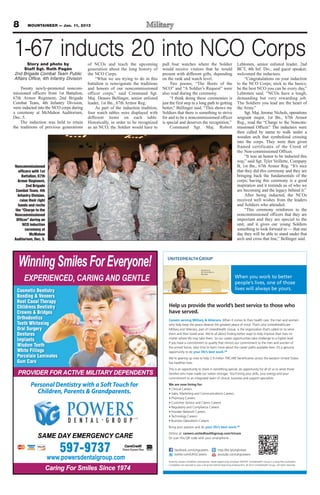 8       MOUNTAINEER — Jan. 11, 2013




1-67 inducts 20 into NCO Corps
       Story and photo by                 of NCOs and teach the upcoming             pull four watches where the Soldier                                  Lehtonen, senior enlisted leader, 2nd
      Staff Sgt. Ruth Pagán               generation about the long history of       would receive visitors that he would                                 BCT, 4th Inf. Div., and guest speaker,
2nd Brigade Combat Team Public            the NCO Corps.                             present with different gifts, depending                              welcomed the inductees.
Affairs Office, 4th Infantry Division         “What we are trying to do in this      on the rank and watch level.                                              “Congratulations on your induction
                                          battalion is reinvigorate the traditions        Two poems, “The Boots of the                                    to the NCO Corps; stick to the basics,
    Twenty newly-promoted noncom-         and honors of our noncommissioned          NCO” and “A Soldier’s Request” were                                  be the best NCO you can be every day,”
missioned officers from 1st Battalion,    officer corps,” said Command Sgt.          also read during the ceremony.                                       Lehtonen said. “NCOs have a tough,
67th Armor Regiment, 2nd Brigade          Maj. Dennis Bellinger, senior enlisted          “I think doing these ceremonies is                              demanding but very rewarding job.
Combat Team, 4th Infantry Division,       leader, 1st Bn., 67th Armor Reg.           just the first step in a long path to getting                        The Soldiers you lead are the heart of
were inducted into the NCO corps during       As part of the induction tradition,    better,” Bellinger said. “This shows my                              the Army.”
a ceremony at McMahon Auditorium,         four watch tables were displayed with      Soldiers that there is something to strive                                Sgt. Maj. Jerome Nichols, operations
Dec. 5.                                   different items on each table.             for and to be a noncommissioned officer                              sergeant major, 1st Bn., 67th Armor
    The induction was held to retain      Historically, in order to be recognized    is special and deserves the recognition.”                            Reg., read the “Charge to the Noncom-
the traditions of previous generations    as an NCO, the Soldier would have to            Command Sgt. Maj. Robert                                        missioned Officer.” The inductees were
                                                                                                                                                          then called by name to walk under a
                                                                                                                                                          wooden arch that symbolized crossing
                                                                                                                                                          into the corps. They were then given
                                                                                                                                                          framed certificates of the Creed of
                                                                                                                                                          the Non-commissioned Officer.
                                                                                                                                                               “It was an honor to be inducted this
                                                                                                                                                          way,” said Sgt. Tyler Veillette, Company
Noncommissioned                                                                                                                                           B, 1st Bn., 67th Armor Reg. “It’s nice
  officers with 1st                                                                                                                                       that they did this ceremony and they are
    Battalion, 67th                                                                                                                                       bringing back the fundamentals of the
  Armor Regiment,                                                                                                                                         corps; having this ceremony is a good
       2nd Brigade                                                                                                                                        inspiration and it reminds us of who we
 Combat Team, 4th                                                                                                                                         are becoming and the legacy behind it.”
  Infantry Division,                                                                                                                                           After being inducted, the NCOs
   raise their right                                                                                                                                      received well wishes from the leaders
  hands and recite                                                                                                                                        and Soldiers who attended.
the “Charge to the                                                                                                                                             “This ceremony reinforces to the
Noncommissioned                                                                                                                                           noncommissioned officers that they are
 Officer” during an                                                                                                                                       important and they are special to the
     NCO induction                                                                                                                                        unit, and it gives our young Soldiers
       ceremony at                                                                                                                                        something to look forward to — that one
         McMahon                                                                                                                                          day they will be able to stand under that
Auditorium, Dec. 5.                                                                                                                                       arch and cross that line,” Bellinger said.




  Wiinning S
  Winning Smiles For Everyone!                                                                                         Shanterra G.
                                                                                                                       Air Force Veteran



      EXPERIENCED, CARING
      EXPERIENCED, CARING AND GENTLE
          RI N D A            GEN E
                               ENTL
                                                                                                                       Recruiter

                                                                                                                                                        When you work to better
                                                                                                                                                        people’s lives, one of those
  Cosmetic Dentistry                                                                                                                                    lives will always be yours.
  Bonding & Veneers
  Root Canal Therapy
  Childrens Dentistry                                                                    Help us provide the world’s best service to those who
  Crowns & Bridges                                                                       have served.
  Orthodontics                                                                           Careers serving Military & Veterans. When it comes to their health care, the men and women
  Teeth Whitening                                                                        who help keep the peace deserve the greatest peace of mind. That’s why UnitedHealthcare
  Oral Surgery                                                                           Military and Veterans, part of UnitedHealth Group, is the organization that’s called on to serve
  Dentures                                                                               them and their loved ones. We’re all about ﬁnding better ways to help improve their lives no
                                                                                         matter where life may take them. So our career opportunities take challenge to a higher level.
  Implants
                                                                                         If you have a commitment to quality that mirrors our commitment to the men and women of
  Wisdom Teeth                                                                           the armed forces, take time to learn more about the career paths available here. It’s a genuine
  White Fillings                                                                         opportunity to do your life’s best work.SM
  Porcelain Laminates                                                                    We’re gearing up now to help 2.9 million TRICARE beneﬁciaries across the western United States
  Gum Care                                                                               live healthier lives.
                                                                                         This is an opportunity to share in something special; an opportunity for all of us to serve those
  PROVIDER
  PROVIDER FOR ACTIVE MILITARY DEPENDENTS
      I        ACTIVE MILITARY DEPENDENTS
                       I TA     E N    T                                                 families who have made our nation stronger. You’ll bring your skills, your energy and your
                                                                                         commitment to an integrated team of clinical, business and support specialists.

          Personal Dentistry with a Soft To
          Personal Dentistry
                          r         Soft Touch for
                                      f ouch                                             We are now hiring for:
                                                                                         • Clinical Careers
            Children, Parents & Grandparents.
                      Parents Grandparents.
                                  r                                                      • Sales, Marketing and Communications Careers
                                                                                         • Pharmacy Careers
                                                                                         • Customer Service and Claims Careers
                                                                                         • Regulatory and Compliance Careers
                                                                                         • Provider Network Careers
                                                                                         • Technology Careers
                                                                                         • Business Operations Careers
                                                                                         Bring your passion and do your life’s best work.SM

               SAME DAY EMERGENCY CARE
                    DAY EMERGENCY CARE
                                   A
                                                                                         Online at: careers.unitedhealthgroup.com/tricare
                                                                                         Or scan this QR code with your smartphone...


                           597-9737                                                           facebook.com/uhgcareers
                                                                                              twitter.com/UHGCareers
                                                                                                                                           http://bit.ly/uhglinked
                                                                                                                                           youtube.com/uhgcareers
                       www.powersdentalgroup.com
                       www.powersdentalgroup.com                                         Diversity creates a healthier atmosphere: equal opportunity employer M/F/D/V. UnitedHealth Group is a drug-free workplace.


                   Caring
                   Caring For Smiles Since 1974
                                                                                         Candidates are required to pass a drug test before beginning employment. © 2012 UnitedHealth Group. All rights reserved.
 