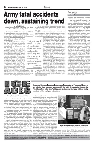 4       MOUNTAINEER — Jan. 18, 2013



                                                                                                                                                Campaign
Army fatal accidents                                                                                                                            from Page 3

                                                                                                                                                differences and demonstrating leadership



down, sustaining trend
                                                                                                                                                qualities in their campaign.
                                                                                                                                                     “The Hero Award is an award … to
                                                                                                                                                honor any CFC representative showing
                                                                                                                                                diligence and initiative by engaging their
                                                                                                                                                units, providing information, distributing
               By Julie Shelley                                    “As our non-deployed population increases with                               materials and also collecting money and
 Strategic Communication Directorate, U.S. Army                the drawdown in combat deployments, engaged peers                                keeping it safe,” said 2nd Lt. Brett Denbow,
        Combat Readiness/Safety Center                         and leaders at all levels will be more vitally important                         assistant brigade personnel officer,
                                                               than ever.”                                                                      Headquarters and Headquarters Company,
     The Army completed its safest quarter since 1997 with         Off duty, accidental deaths remained stable with last                        1st BCT. “Mueller did all that; he went above
30 accidental fatalities from October-December.                year’s first quarter figures. Fatal four-wheeled private                         and beyond. He brought in a lot of money
     The U.S. Army Combat Readiness/Safety Center motor vehicle accidents were down slightly, as were                                           from his unit and deserves that award.”
recently released accident statistics for the first quarter of on-duty fatalities resulting from accidents. Aviation saw                             Mueller is currently serving in the Army
fiscal 2013, and the data show a continued                                      the largest decrease, with no accidental                        Reserve after leaving active duty shortly
overall decline in both on- and off-duty                                        fatalities recorded during the quarter.                         after the CFC campaign concluded.
accidental deaths.
     Fiscal 2012 was the Army’s safest year        “This downward               Five Soldiers died in aviation accidents
                                                                                during the first quarter of fiscal 2012.
                                                                                                                                                     “I was shocked to hear that I was
                                                                                                                                                nominated for the Hero Award; I’m very
since Sept. 11, 2001, and the third-safest
year on record. Fatal accidents have
                                                    trend ... is one                 Combined, fatal accidents were
                                                                                down 17 percent at quarter’s end from
                                                                                                                                                honored that I’ve been selected, but it
                                                                                                                                                should go to my noncommissioned officers,”
remained steady or declined every year              of the longest              the same time frame in fiscal 2012.                             said Mueller, who returned to Fort Carson
since fiscal 2007.                                                                   Although the Army is poised to repeat                      to receive the award. “I couldn’t do
     Locally, Fort Carson suffered six              that’s ever been            this success during the second quarter,                         anything for the CFC if it wasn’t for their
accidental fatalities in fiscal 2012
involving uniformed personnel, five of              sustained in                USACR/Safety Center Command Sgt.
                                                                                Maj. Richard D. Stidley urges all leaders,
                                                                                                                                                help, they’re the only reason (I) and my
                                                                                                                                                battalion were a success. Although I’m
which occurred off duty. Three fatalities
involved privately-owned vehicles, one
                                                    our Army, and               especially junior noncommissioned
                                                                                officers, to stay on top of what their
                                                                                                                                                getting credit for it, my NCOs, my key
                                                                                                                                                workers, are the ones that did all the work.”
a personal weapon and the other was a               it’s never been             Soldiers are doing.                                                  The CFC gives people a convenient way
drowning, said Paul Burns, safety director,                                          “We’re coming into that time of year                       to donate to a cause that means something
4th Infantry Division and Fort Carson.              done during                 where Soldiers will be eager to get on the                      to them, said Mueller. There are many
He noted that about 60 percent of all
recordable accidents involving Fort                 ongoing combat              road, whether in their cars or on their
                                                                                motorcycles,” Stidley said. “First-line
                                                                                                                                                organizations to choose from, and the CFC
                                                                                                                                                provides information about all of the charities,
Carson Soldiers happen while off duty.
     “Our leaders and Soldiers are con-
                                                    operations.”                leaders will have the most influence in
                                                                                making sure their troops are ready, which
                                                                                                                                                so people can make a clear decision about
                                                                                                                                                where they want to donate, Mueller said.
tinuing to do a remarkable job regarding                       — Brig. Gen. is especially important for Soldiers who                                 “I donate mostly to Habitat for
safety,” said Brig. Gen. Timothy J. Edens,                  Timothy J. Edens might need a reintroduction to safe riding                         Humanity and animal shelters, because my
director of Army Safety and commanding                                          after the lull of winter.”                                      wife and I both really care about animals,”
general, U.S. Army Combat Readiness/Safety Center.                 The Army Safe Spring Campaign, an annual effort                              said Mueller. “Donating money to or helping
“This downward trend in accidental fatalities is one of the designed to raise awareness of driving hazards and                                  out charities isn’t about doing it to get some-
longest that’s ever been sustained in our Army, and it’s other seasonal safety issues, will be released Feb. 28 at                              thing in return; it’s about doing something
never been done during ongoing combat operations.              https://safety.army.mil.                                                         because it’s the right thing to do.”




                                                                  Interactive Customer Evaluation Ambassadors Commended for Exceptional Service —
                                                                  are selected from personnel who exemplify the spirit of keeping Fort Carson the
                                                                  “Best Home Town in the Army” with superior customer service to our Soldiers, Family
                                                                  members, civilian employees and retirees.

      Plans, Analysis and Integration Office                           “Lisa and Monica have been a great help
                                                                  when I bring stuff in and they tell me what I
    Fort Carson has three Net Zero goals it is striving           can or cannot bring for recycle,” is a comment
to achieve for water, energy and waste. The Recycling             that the Directorate of Public Works typically
Program is an important part of how Fort Carson is                receives about Lampton and Weidrick.
reducing its waste to achieve its Net Zero waste goal.                 “Lisa and Monica have become the face
    Lisa Lampton and Monica Weidrick, contractors                 of the Recycle Program through their extra-
who oversee operations at the recycle location next to            ordinary customer service and friendliness.
the Exchange, keep things running smoothly for                    They are always assisting customers by
customers who come by to drop off their recyclables.              helping to unload vehicles, all the while sharing
    Lampton said coming to work doesn’t feel like                 information about the Recycle Program.
work because she loves her job.                                   Through word of mouth of our customers,
    “We have a lot of fun,” she said. “I like interacting         the Exchange recycle point becomes more
with people. It’s mainly informing people about the               and more popular each day,” said Eric
services we have and we get to work right with them.”             Bailey, DPW, Operations and Maintenance
    For Weidrick, it is not only a chance to enjoy what           Division Recycle Program manager.
she is doing, but to educate the public as well.                       Lampton and Weidrick work opposite days
    “I enjoy teaching the people how to recycle,” she             so the Exchange drop-off location can be open
said. “I work with them to separate out the different             seven days a week. They encourage people to
items so we don’t have a lot of trash left over. If we            stop by and find out what they can recycle.
can’t take something, like hazardous waste, we tell               They accept paper, cardboard, aluminum,
them where they can take it, like to (the Nov. 15)                tin, glass, plastic, porcelain, mattresses,       Fort Carson Recycling Program contractors
America Recycles Day here on post.”                               scrap metal, electronics and scrap wood. They      From left, Monica Weidrick and Lisa Lampton
    “The customers, especially the retirees, enjoy                also run a station to accept household batteries,
talking with us as well,” she said. “Customer service             both alkaline and rechargeable. When a customer moving boxes. While they can’t recycle packing
is our primary focus and is something I have worked               brings in broken-down moving boxes, they set them peanuts, they do collect them around the holidays for
with for many years.”                                             aside in a special container for anyone who needs people to pick up and reuse.

  The ICE system is available for customers to rate service they receive by highlighting superior   Iron Horse Sports and Fitness Center, DEERS Office, the Soldier Family Assistance Center or
  service or making suggestions to improve services. It can be accessed at http://ice.disa.mil/     Balfour Beatty’s Joel Hefley Community Center; or by depositing an ICE card at one of the
  index.cfm?fa=site&site(underscore)id=437; through kiosks at Army Community Service, the           many boxes located around post.
 