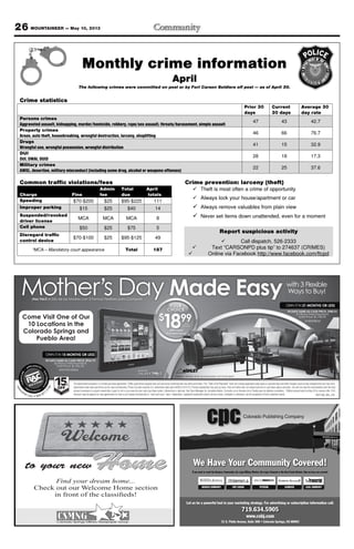 26 MOUNTAINEER — May 10, 2013
ROP1305_MIL_COL
The advertised transaction is a rental-purchase agreement. †Offer good while supplies last and cannot be combined with any other promotion. The “Total of All Payments” does not include applicable sales taxes or optional fees and other charges (such as late charges) that you may incur.
Advertised rental rates and terms are for new merchandise. Prices not valid outside U.S. Advertised rates valid 4/29/13-5/11/13. Product availability may vary by store. Free-rent offers will not reduce total rent or purchase-option amounts. You will not own the merchandise until the total
amount necessary to acquire ownership is paid in full or you exercise your early purchase option. Ownership is optional. See Store Manager for complete details. Consulta con el Gerente de la Tienda para los detalles completos. ††Must present valid military ID to receive offer. 15%
discount may be applied on new agreements for new or pre-leased merchandise or “cash and carry” sales. Trademarks, registered trademarks and/or service marks, indicated or otherwise, are the properties of their respective owner.
Come Visit One of Our
10 Locations in the
Colorado Springs and
Pueblo Area!
Mother’s Day Made Easy¡Haz Fácil el Día de las Madres con 3 Formas Flexibles para Comprar!
with 3 Flexible
Ways to Buy!
OWN IT IN 15 MONTHS OR LESS
90 DAYS SAME AS CASH PRICE: $962.79
65 Worry-Free Payments
Total Price: $1,234.35
MILITARY DISCOUNT
15OFF
††
%
YOUR
CHOICE
$
1899Per
Week†
With Fixed
Payment Terms
renta
center.com 800.877.
7758
Tables, lamps and accessories not included
OWN IT IN 21 MONTHS OR LESS
90 DAYS SAME AS CASH PRICE: $985.01
91 Worry-Free Payments
Total Price: $1,728.09
#1420038/35
#GT-P5113TSAX
to your newHomeHome
Find your dream home...
Check out our Welcome Home section
in front of the classiﬁeds!
 