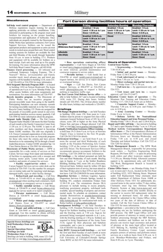 MOUNTAINEER — May 31, 2013
Miscellaneous
Self-help weed control program — Department of
Defense regulations require training for people
applying pesticides on military installations. Units
interested in participating in the program must send
Soldiers for training on the proper handling,
transportation and application of herbicides. Once
individuals are properly trained by the Directorate of
Public Works base operations contractor, Fort Carson
Support Services, Soldiers can be issued the
appropriate products and equipment so units can treat
weeds in rocked areas around their unit. Weed control
training sessions for Soldiers are available the first
and third Monday of the month through September
from 10 a.m. to noon in building 3711. Products
and equipment will be available for Soldiers on a
hand receipt. Each unit may send up to five people
for training. For more information about the DPW
Self-Help Weed Control Program, call 492-0166.
Finance travel processing — All inbound and
outbound Temporary Lodging Expense, “Do it
Yourself ” Moves, servicemember and Family
member travel, travel advance pay and travel pay
inquiries will be handled in building 1218, room 231.
Call 526-4454 or 524-2594 for more information.
First Sergeants’Barracks Program 2020 — is located
in building 1454 on Nelson Boulevard. The hours
of operation are 8 a.m. to 5 p.m. Monday-Friday. The
office assists Soldiers with room assignments and
terminations. For more information call 526-9707.
Recycle incentive program — The Directorate of
Public Works has an incentive program to
prevent recyclable waste from going to the landfill.
Participating battalions can earn monetary rewards
for turning recyclable materials in to the Fort Carson
Recycle Center, building 155. Points are assigned for
the pounds of recyclable goods turned in and every
participating battalion receives money quarterly. Call
526-5898 for more information about the program.
Sergeant Audie Murphy Club — The Fort Carson
SergeantAudie Murphy Club meets the thirdTuesday
of each month at the Family Connection Center from
11:30 a.m. to 12:30 p.m. The SAMC is open to all
active members and those interested in becoming
future SAMC members. The club was originally a
U.S. Forces Command organization of elite noncom-
missioned officers but is now an Armywide program
for those who meet the criteria and have proven
themselves to be outstanding NCOs through a board/
leadership process. Contact SAMC president Sgt. 1st
Class Dawna Brown at 526-3983 for information.
Directorate of Public Works services — DPW is
responsible for a wide variety of services on Fort
Carson. Services range from repair and maintenance
of facilities to equipping units with a sweeper and
cleaning motor pools. Listed below are phone
numbers and points of contact for services:
• Facility repair/service orders — Fort
Carson Support Services service order desk can be
reached at 526-5345. Use this number for emergen-
cies or routine tasks and for reporting wind damage,
damaged traffic signs or other facility damage.
• Refuse/trash and recycling — Call Eric
Bailey at 719-491-0218 or email eric.e.bailey4.
civ@mail.mil when needing trash containers, trash
is overflowing or emergency service is required.
• Facility custodial services — Call Bryan
Dorcey at 526-6670 or email bryan.s.dorcey.civ@
mail.mil for service needs or to report complaints.
• Elevator maintenance — Call Bryan
Dorcey at 526-6670 or email bryan.s.dorcey.
civ@mail.mil.
• Motor pool sludge removal/disposal —
Call Dennis Frost at 526-6997 or email
dennis.j.frost.civ@mail.mil.
• Repair and utility/self-help — Call Gary
Grant at 526-5844 or email gerald.l.grant2.civ
@mail.mil. Use this number to obtain self-help
tools and equipment or a motorized sweeper.
• Base operations contracting officer
representative — Call Terry Hagen at 526-9262
or email terry.j.hagen.civ@mail.mil for questions
on snow removal, grounds maintenance and
contractor response to service orders.
• Portable latrines — Call Jerald Just at
524-0786 or email jerald.j.just.civ@mail.mil to
request latrines, for service or to report damaged
or overturned latrines.
• Signs — Call Jim Diorio, Fort Carson
Support Services, at 896-0797 or 524-2924 or
email jdiorio@kira.com to request a facility,
parking or regulatory traffic sign.
The Fort Carson Trial Defense Service office — is
able to help Soldiers 24/7 and is located at building
1430, room 233. During duty hours, Soldiers
should call 526-4563. The 24-hour phone number
for after hours, holidays and weekends is 526-0051.
Briefings
75th Ranger Regiment briefings — are held Tuesdays
in building 1430, room 150, from noon to 1 p.m.
Soldiers must be private to sergeant first class with a
minimum General Technical Score of 105; be a U.S.
citizen; score 240 or higher on the Army Physical
Fitness Test; and pass a Ranger physical. Call 524-
2691 or visit http://www.goarmy.com/ranger.html.
Casualty Notification/Assistance Officer training —
is held June 19-21 from 9 a.m. to 4 p.m. at Veterans
Chapel. Class is limited to the first 50 people.
Call 526-5613/5614 for details.
Retirement briefings — are held from 8 a.m. to
noon the second and third Wednesday of each
month at the Freedom Performing Arts Center,
building 1129 at the corner of Specker Avenue
and Ellis Street. The Retirement Services Office
recommends spouses accompany Soldiers to the
briefing. Call 526-2840 for more information.
ETS briefings — for enlisted personnel are held the
first and third Wednesday of each month. Briefing
sign in begins at 7 a.m. at the Soldier Readiness
Building, building 1042, room 244, on a first-come,
first-served basis. Soldiers must be within 120 days
of their expiration term of service, but must attend no
later than 30 days prior to their ETS or start of transi-
tion leave. Call 526-2240/8458 for more information.
Disposition Services — Defense Logistics Agency
Disposition Services Colorado Springs, located in
building 381, conducts orientations Fridays from
12:30-3:30 p.m. The orientations discuss DLA
processes to include turning in excess property,
reutilizing government property, web-based tools
available, special handling of property and environ-
mental needs. To schedule an orientation, contact
Arnaldo Borrerorivera at arnaldo.borrerorivera@
dla.mil for receiving/turn in; Mike Welsh at
mike.welsh@dla.mil for reutilization/web tools; or
Rufus Guillory at rufus.guillory@dla.mil.
Reassignment briefings — are held Tuesdays in
building 1129, Freedom Performing Arts Center.
Sign-in for Soldiers heading overseas is at 7 a.m.
and the briefing starts at 7:30 a.m. Sign-in for
personnel being reassigned stateside is at 1 p.m.,
with the briefing starting at 1:30 p.m. Soldiers are
required to bring Department of the Army Form
5118, signed by their physician and battalion
commander, and a pen to complete forms. Call
526-4730/4583 for details.
Army ROTC Green-to-Gold briefings — are held
the first and third Tuesday of each month at noon
at the education center, building 1117, room 120.
Call University of Colorado-Colorado Springs
Army ROTC at 262-3475 for more information.
Hours of Operation
Central Issue Facility
• In-processing — Monday-Thursday from
7:30-10:30 a.m.
• Initial and partial issues — Monday-
Friday from 12:30-3:30 p.m.
• Cash sales/report of survey — Monday-
Friday from 7:30 a.m. to 3 p.m.
• Direct exchange and partial turn ins —
Monday-Friday from 7:30-11:30 a.m.
• Full turn ins — by appointment only; call
526-3321.
• Unit issues and turn ins — require
approval, call 526-5512/6477.
Education Center hours of operation — The
Mountain Post Training and Education Center,
building 1117, 526-2124, hours are as follows:
• Counselor Support Center — Monday-
Thursday 7:30 a.m. to 4:30 p.m. and Fridays 11
a.m. to 4:30 p.m.
• Army Learning Center — Monday-
Friday 8 a.m. to 6 p.m.
• Defense Activity for Nontraditional
Education Support andArmy PersonnelTesting —
Monday-Friday 7:30-11:30 a.m. and 12:30-4:30 p.m.
Repair and Utility self-help — has moved to building
217 and is open Monday-Friday 7 a.m. to 3:30 p.m.
Medical Activity Correspondence Department
office hours — The Correspondence (Release of
Information) Office in the Patient Administration
Division hours are Monday-Wednesday and
Friday 7:30 a.m. to 4:30 p.m. and closed
Thursday and federal holidays. Call 526-7322 or
526-7284 for details.
Work Management Branch — The DPW Work
Management Branch, responsible for processing
work orders — Facilities Engineering Work
Requests, DA Form 4283 — is open for processing
work orders and other in-person support from
7-11:30 a.m. Monday-Friday. Afternoon customer
support is by appointment only, call 526-2900.
The Work Management Branch is located in
building 1219.
Claims Office hours — are Monday-Friday from 9
a.m. to noon and 1-4 p.m., located on the first floor
of building 6222, 1633 Mekong Street. Shipment
under Full Replacement Value claimants must
submit Department of Defense Form 1840R or
After Delivery Form 1851 for additionally dis-
covered items to the carrier within 75 days online.
Claimants must log into Defense Personal
Property System at http://www.move.mil and
submit the claim within nine months directly to
the carrier to receive full replacement value for
missing or destroyed items. All other claims
should be submitted to the Claims Office within
two years of the date of delivery or date of
incident. Call the Fort Carson Claims Office at
526-1355 for more information.
Legal services — provided at the Soldier Readiness
Processing site are for Soldiers undergoing the
SRP process. The SRP Legal Office will only
provide powers of attorney or notary services to
Soldiers processing through the SRP. Retirees,
Family members and Soldiers not in the SRP
process can receive legal assistance and powers
of attorney at the main legal office located at
1633 Mekong St., building 6222, next to the
Family Readiness Center. Legal assistance
prepares powers of attorney and performs notary
services on a walk-in basis from 8:30 a.m. to 4
p.m. Mondays-Wednesdays and Fridays, and
from 8:30 a.m. to 3 p.m. Thursdays.
Fort Carson dining facilities hours of operation
DFAC Friday Saturday-Sunday Monday-Thursday
Stack Breakfast: 7-9 a.m.
Lunch: 11:30 a.m. to 1 p.m.
Dinner: 5-6:30 p.m.
Breakfast: 7-9 a.m.
Lunch: 11:30 a.m. to 1 p.m.
Dinner: 5-6:30 p.m.
Breakfast: 7-9 a.m.
Lunch: 11:30 a.m. to 1 p.m.
Dinner: 5-6:30 p.m.
Wolf Breakfast: 6:45-9 a.m.
Lunch: 11:30 a.m. to 1 p.m.
Dinner: Closed
Closed Breakfast: 6:45-9 a.m.
Lunch: 11:30 a.m. to 1 p.m.
Dinner: 5-6:30 p.m.
Warfighter
(Wilderness Road Complex)
Breakfast: 7-9 a.m.
Lunch: 11:30 a.m. to 1 p.m.
Dinner: Closed
Closed Breakfast: 7-9 a.m.
Lunch: 11:30 a.m. to 1 p.m.
Dinner: Closed
LaRochelle
10th SFG(A)
Breakfast: 7-9 a.m.
Lunch: 11:30 a.m. to 1 p.m.
Dinner: Closed
Closed Breakfast: 7-9 a.m.
Lunch: 11:30 a.m. to 1 p.m.
Dinner: Closed
Special Forces briefings are
held Wednesdays from noon
to 1 p.m.
Special Operations Forces
briefings are held
Wednesdays from 1-2 p.m.
Briefings are held in building 1430, room 123. Call
524-1461 or visit http://www.bragg.army.mil/sorb.
14
 