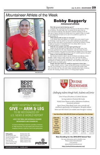 29July 19, 2013 — MOUNTAINEER
Mountaineer Athlete of the Week
Photo by Walt Johnson
Bobby Baggerly
Intramural athlete
How did you get started playing sports?
I started off as a kid playing sports, because my dad and my siblings
are all athletes. My dad made sure we played all the sports that we
were interested in playing. My dad spent a lifetime teaching us the ins
and outs of sports, because his feeling was if we wanted to play, we might
as well understand as much as we can so we could be as good as we
could possibly be.
What obstacle did you have to overcome?
I was shorter that most athletes, so I had to rely on my speed to gain
an advantage. I used my speed in every sport I played to my advantage.
I may not have been able to run the fastest, hit the ball the farthest or jump
as high (as my peers) in basketball, but I was always able to use my
speed and quickness to my advantage.
What do you consider your best sport growing up?
Tennis was my best sport in high school. In my senior year, I was
36-0 and (qualified for) the state tournament. I got into tennis because
my Family members were good at all the sports we played, but no one played
tennis, so I wanted to challenge myself to see if I could be good at the game.
What is your favorite sports moment?
My favorite moment in sports was my freshman year playing varsity
football. I didn’t expect to play much, but, once I got into the game,
I ended up being a pretty good running back. In one game, I scored six
touchdowns on offense and two on defense, and I had about 300 yards in
kickoff returns in a rivalry game.
People who don’t know me would be surprised to know that ...
I enjoy romantic movies. I enjoy seeing that because everybody wants
that life. Even though it’s not real, it gives you hope that people really
look at life that way. My wife and I enjoy watching these types of movies
because the meaning of those movies is to bring people together.
Orthopedics:
Michael Daines, M.D.
Kenneth Danylchuk, M.D.
Jan G. Davis, M.D.
Twee Do, M.D.
Lance Farnworth, M.D.
Charles Hanson, M.D.
Rickland Likes, D.O.
Mark D. Porter, M.D.
Drew Ritter, M.D.
Charles Rowland, M.D.
Robert Thomas, M.D.
William Watson, M.D.
LUCKY FOR THEM, OUR NATIONALLY-RANKED
ORTHOPEDISTS ARE STANDING BY.
U.S. News & World Report ranked four specialties at Parkview
as “High-Performing.” The only hospital south of Denver to be
recognized, Parkview is right here. And it’s only getting better.
www.parkviewmc.org | 719.584.4000
Now Enrolling for the 2013-2014 School Year
For more information and to schedule a tour
Please contact Janet Damerell
719-234-0325
jdamerell@divineredeemer.net
http://school.divineredeemer.net/
Grade Levels 1st 2nd 3rd 4th 5th 6th 7th 8th
Reading 2.8 3.5 5.0 6.3 7.2 9.1 9.8 11.2
Language 2.7 3.3 5.0 7.2 7.3 9.6 12.2 12.3
Math 2.3 3.3 4.6 6.1 6.6 8.4 10.4 10.6
Core Total 2.6 3.3 4.7 6.5 6.9 9.0 10.4 11.2
Social Studies 2.4 4.2 5.2 5.9 7.6 8.0 11.1 10.9
Science 2.5 3.5 5.1 6.5 8.0 9.0 12.2 12.1
Composite
(Total Average)
2.6 3.6 5.0 6.4 7.3 8.8 10.8 11.5
Challenging students through Faith, Academics and Service
Over 50 Years of Excellence in Catholic Education
Serving students in Preschool-8th Grades
Weekly School Masses as well as celebrations of traditions,
Sacraments and prayer
Sports, Drama, Music/Band, Scouts, extra-curricular and
enrichment opportunities for Kindergarten -8th grade students
Before and After School Care available onsite through Jr. Academy
Iowa Test of Basic Skills 2012-2013 Grade Level Equivalency Class Averages
 