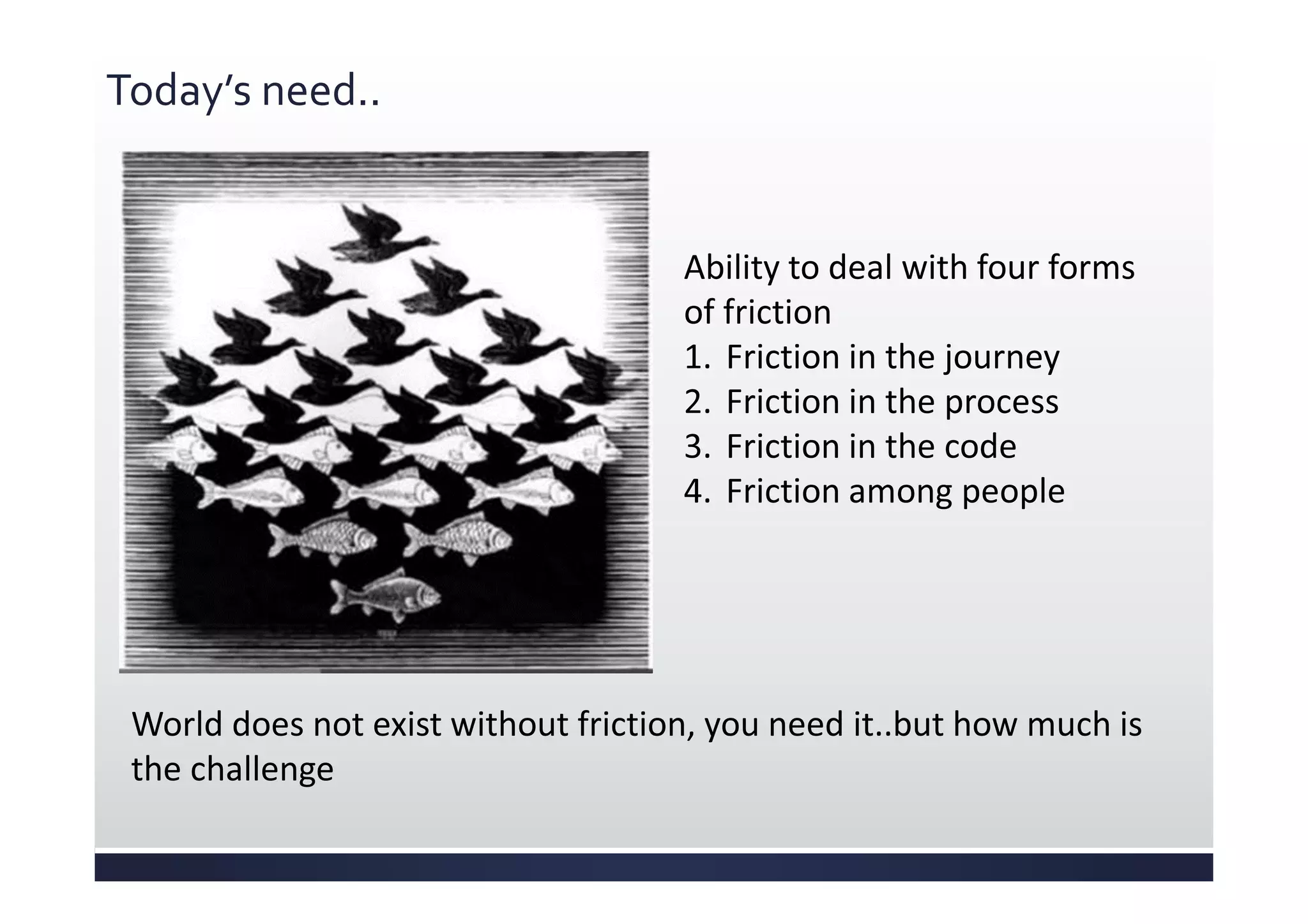 Today’s need..
Ability to deal with four forms
of friction
1. Friction in the journey
2. Friction in the process
3. Friction in the code
4. Friction among people
World does not exist without friction, you need it..but how much is
the challenge
 