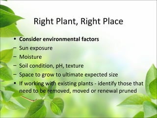 Right Plant, Right Place
• Consider environmental factors
– Sun exposure
– Moisture
– Soil condition, pH, texture
– Space to grow to ultimate expected size
• If working with existing plants - identify those that
need to be removed, moved or renewal pruned
 