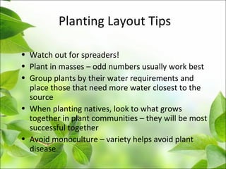 Planting Layout Tips
• Watch out for spreaders!
• Plant in masses – odd numbers usually work best
• Group plants by their water requirements and
place those that need more water closest to the
source
• When planting natives, look to what grows
together in plant communities – they will be most
successful together
• Avoid monoculture – variety helps avoid plant
disease
 
