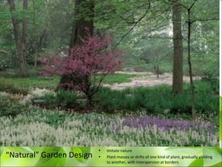“Natural” Garden Design
• Imitate nature
• Plant masses or drifts of one kind of plant, gradually yielding
to another, with interspersion at borders
 