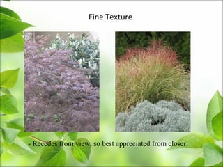 Fine Texture
- Recedes from view, so best appreciated from closer
 