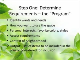 Step One: Determine
Requirements – the “Program”
• Identify wants and needs
• How you want to use the space
• Personal interests, favorite colors, styles
• Access requirements
• Context of neighborhood
Output: List of items to be included in the
plan or considered for inclusion
 