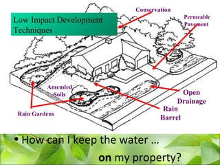 Conservation
Open
Drainage
Rain Gardens
Amended
Soils
Rain
Barrel
Permeable
Pavement
• How can I keep the water …
on my property?
Low Impact Development
Techniques
 